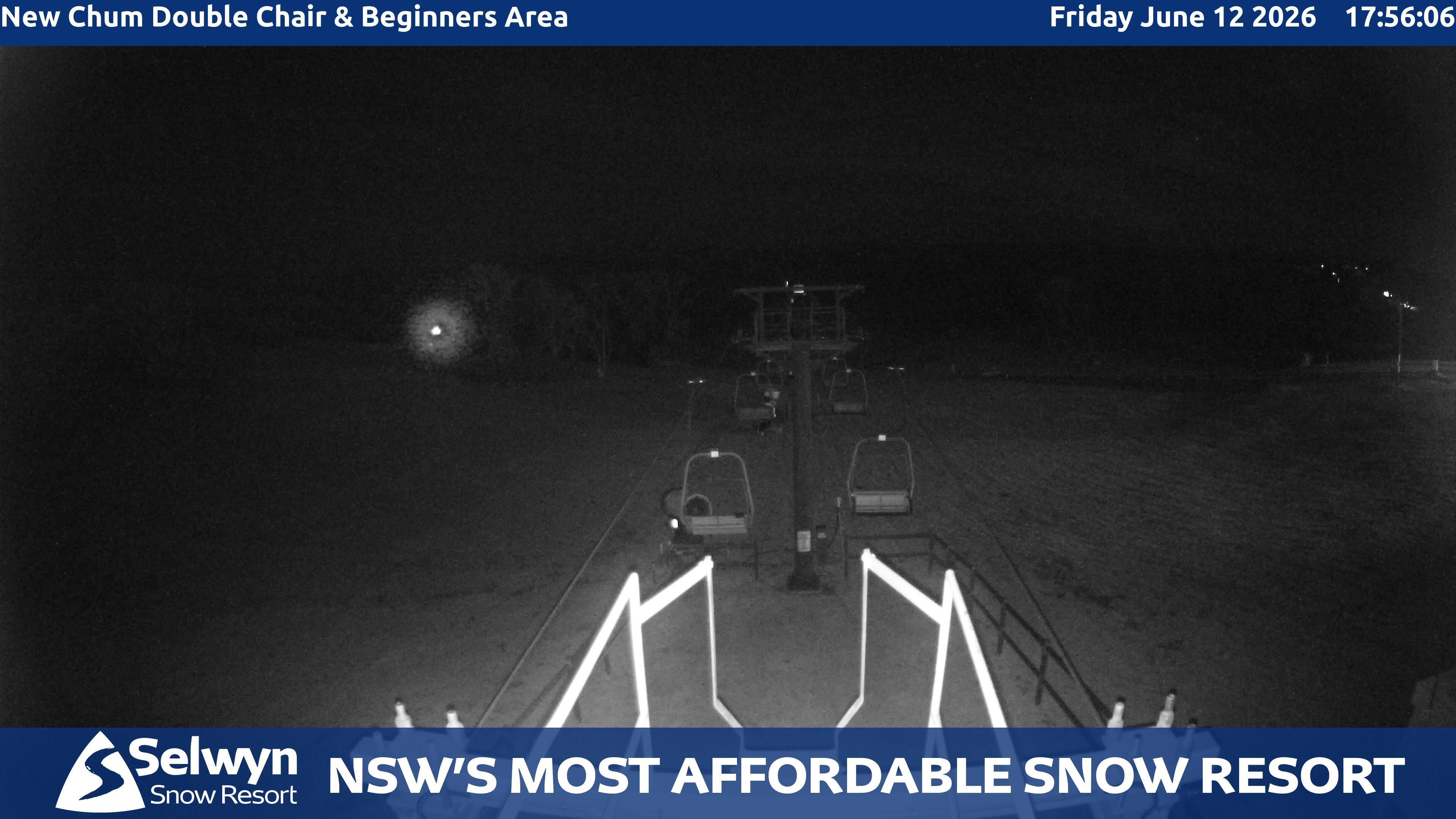 Selwyn Snow Resort New Chum Double Chair and Beginners Area snow cam captured at 12 June 2026 at 5:58 pm AEST