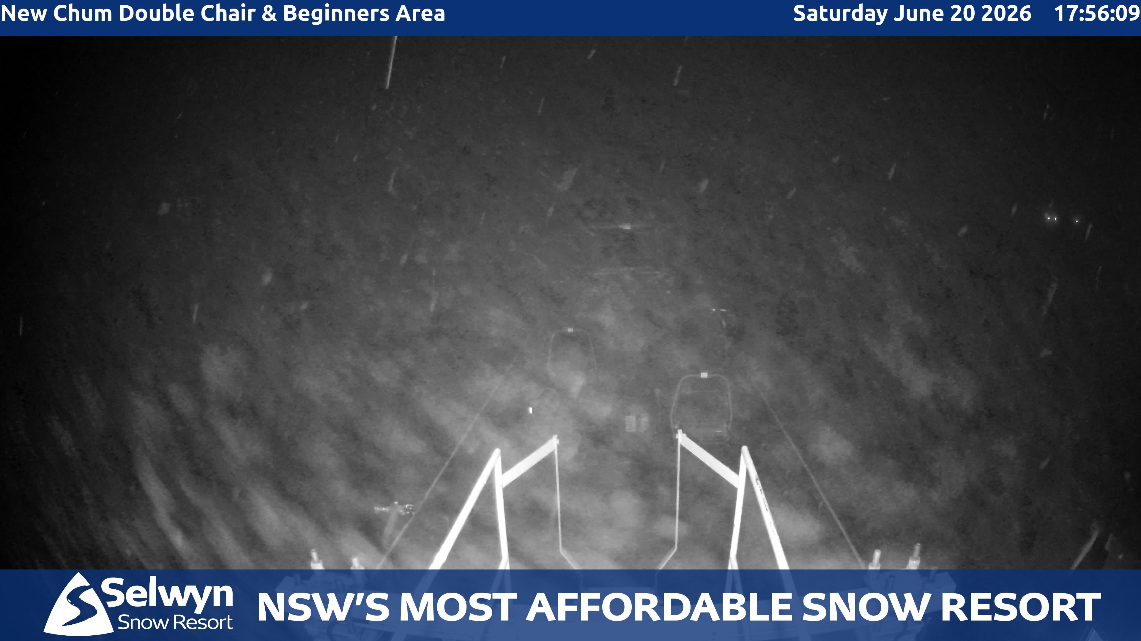 Selwyn Snow Resort New Chum Double Chair and Beginners Area snow cam captured at 20 June 2026 at 6:01 pm AEST