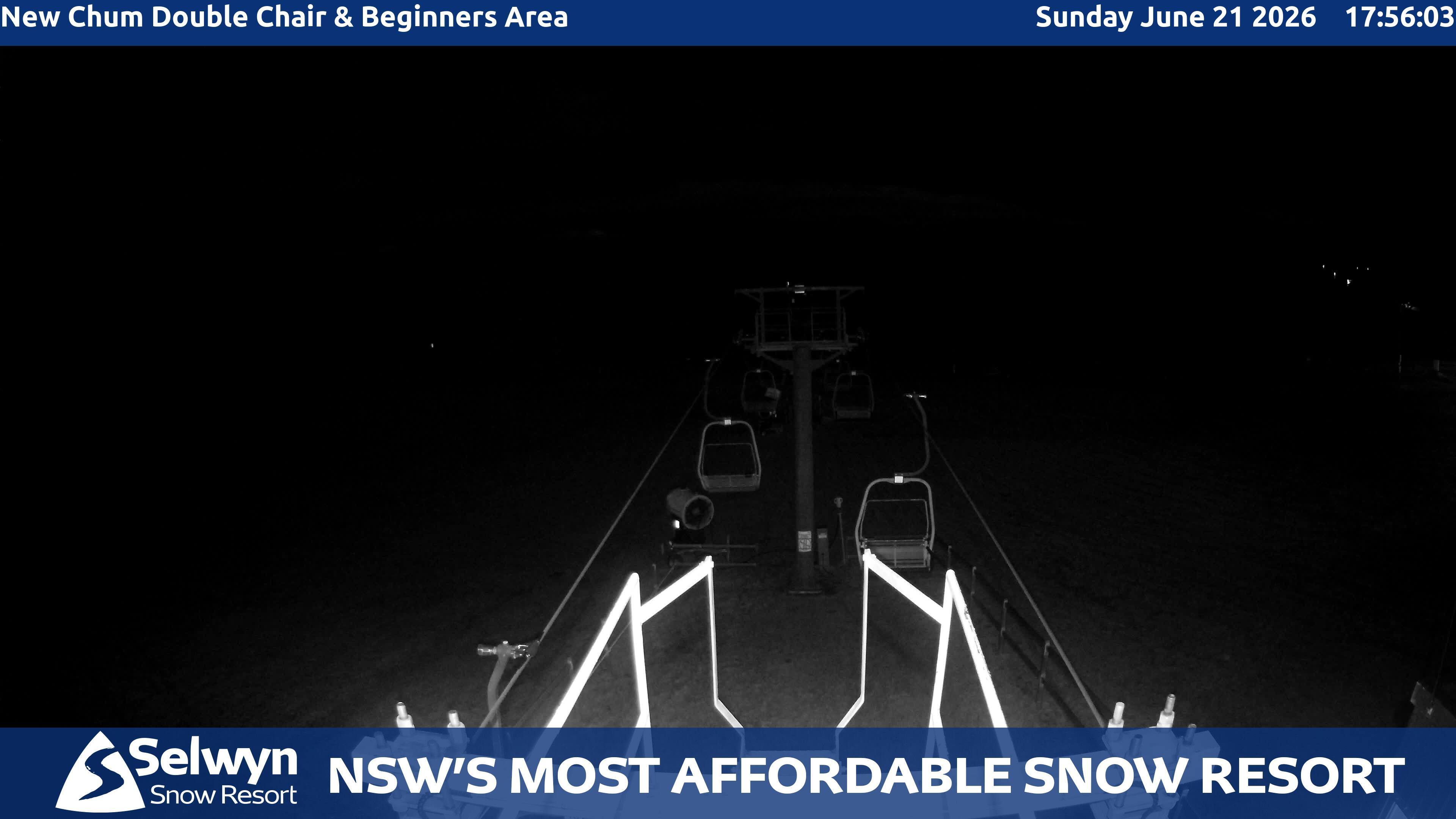 Selwyn Snow Resort New Chum Double Chair and Beginners Area snow cam captured at 21 June 2026 at 5:56 pm AEST