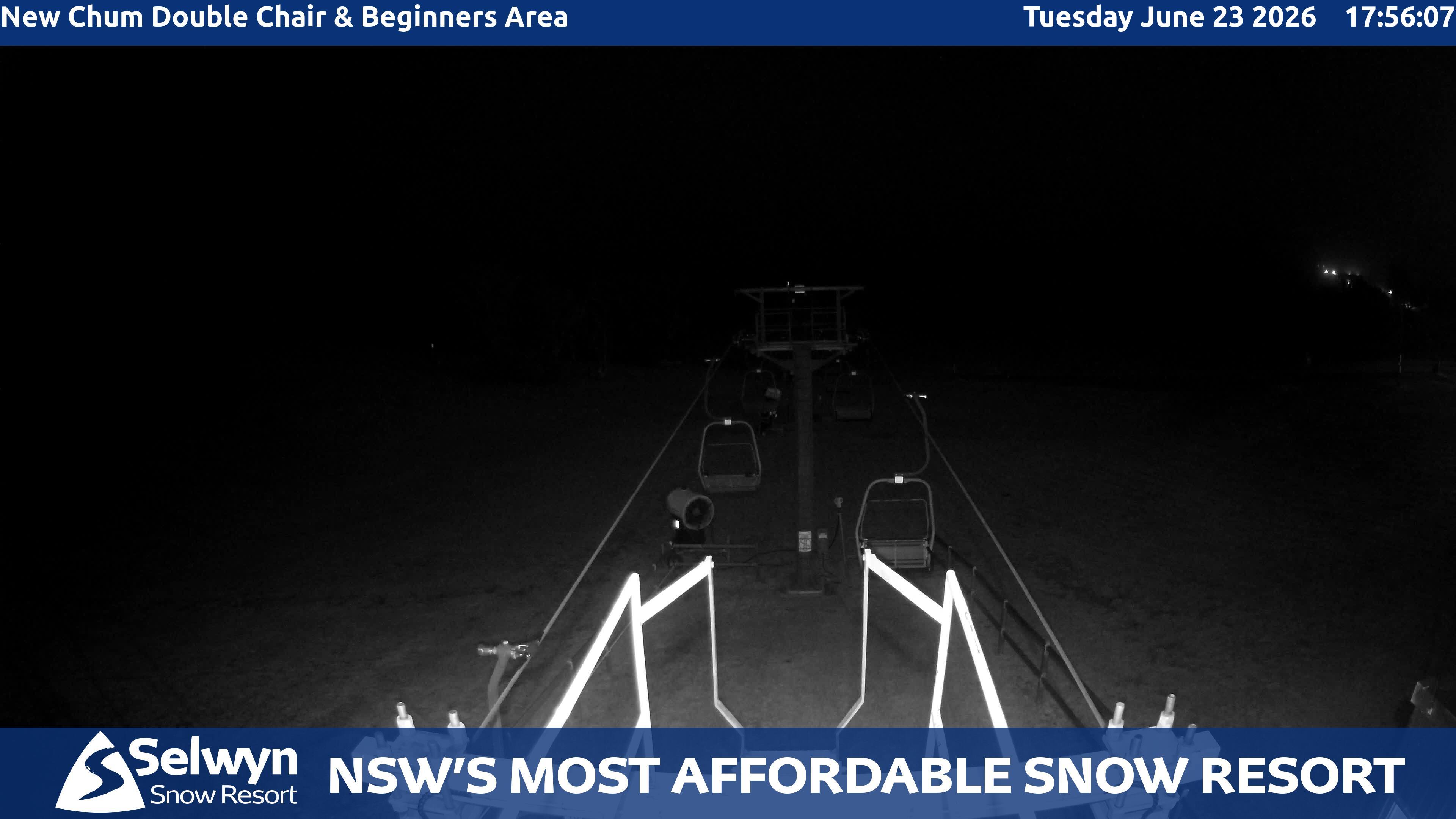 Selwyn Snow Resort New Chum Double Chair and Beginners Area snow cam captured at 23 June 2026 at 5:58 pm AEST