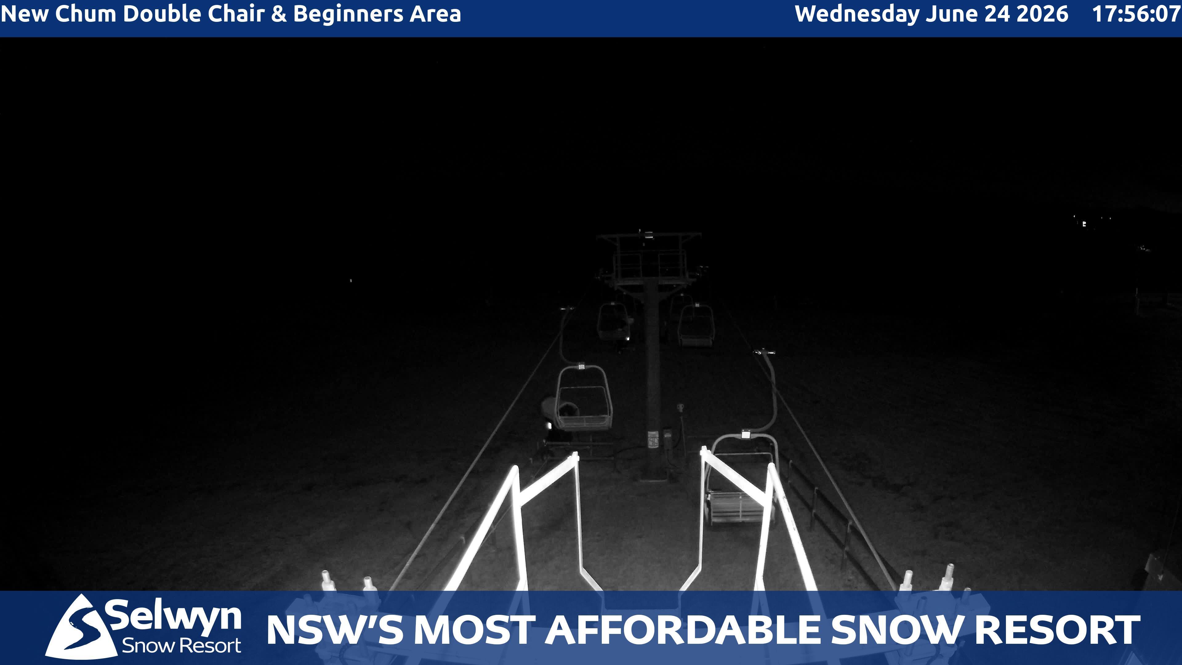 Selwyn Snow Resort New Chum Double Chair and Beginners Area snow cam captured at 24 June 2026 at 5:59 pm AEST