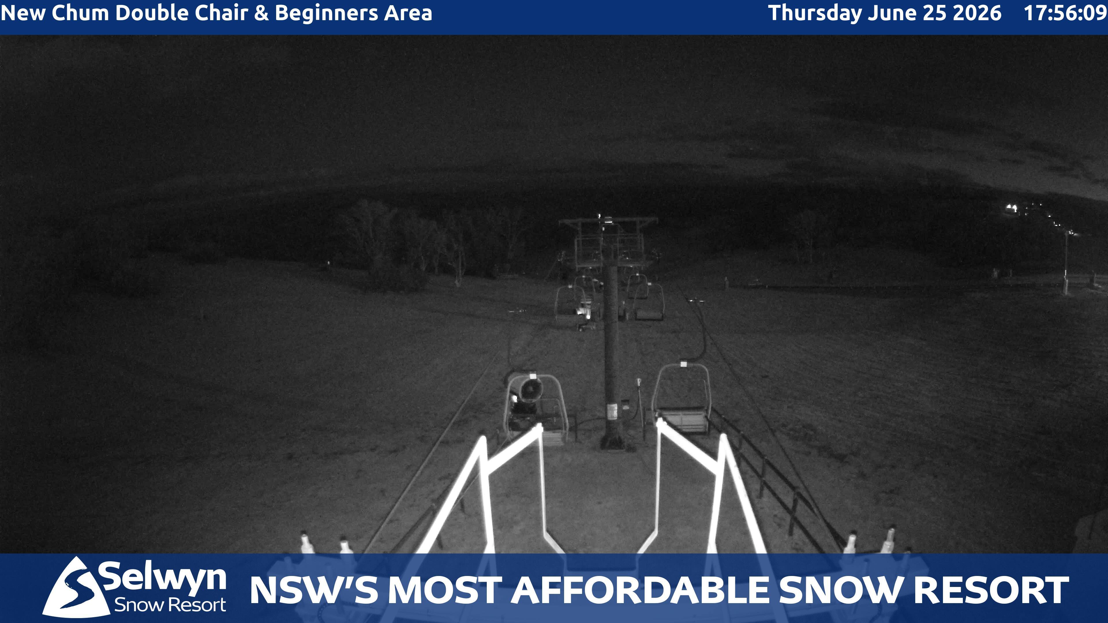 Selwyn Snow Resort New Chum Double Chair and Beginners Area snow cam captured at 25 June 2026 at 5:57 pm AEST
