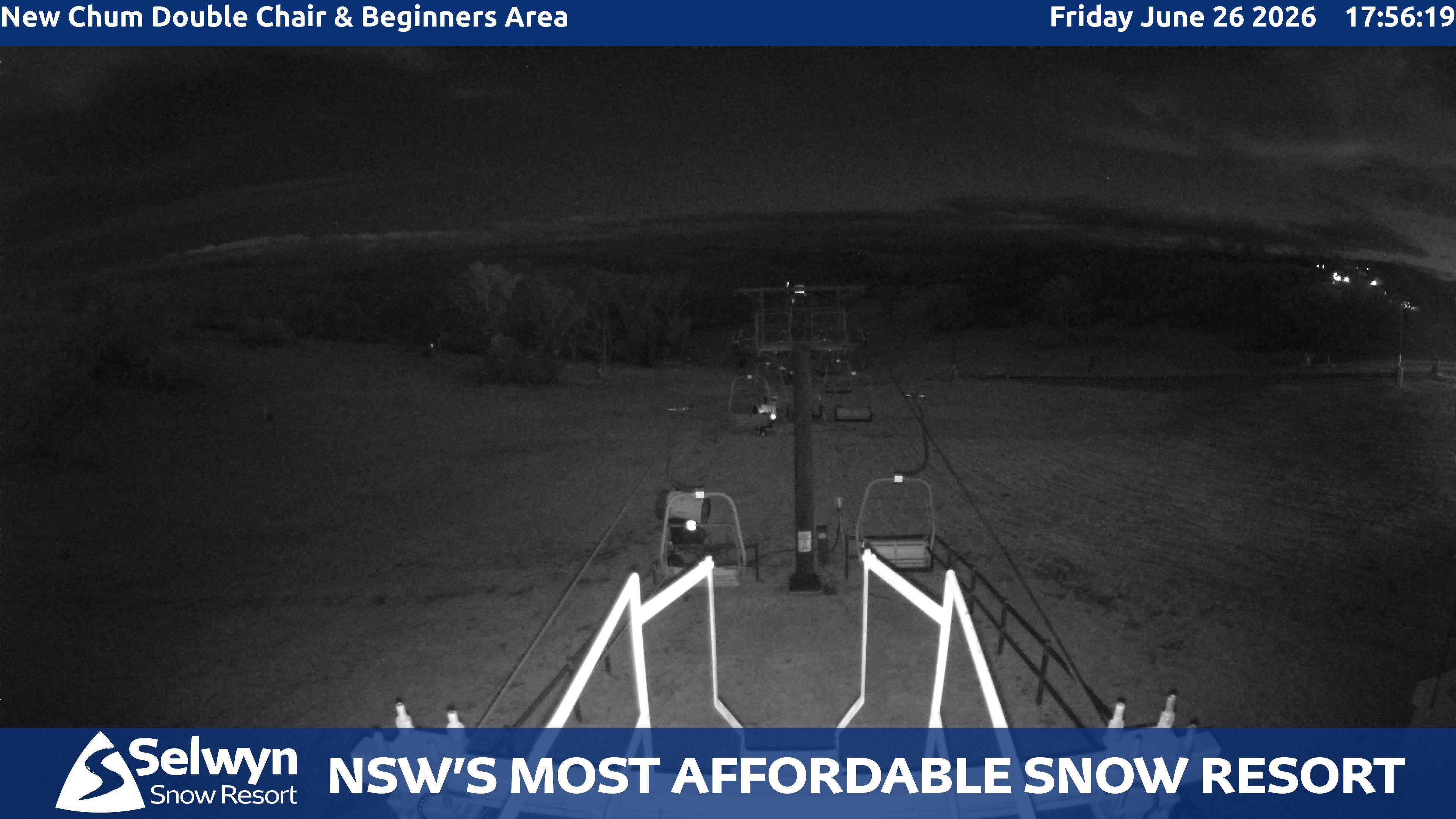 Selwyn Snow Resort New Chum Double Chair and Beginners Area snow cam captured at 26 June 2026 at 5:59 pm AEST