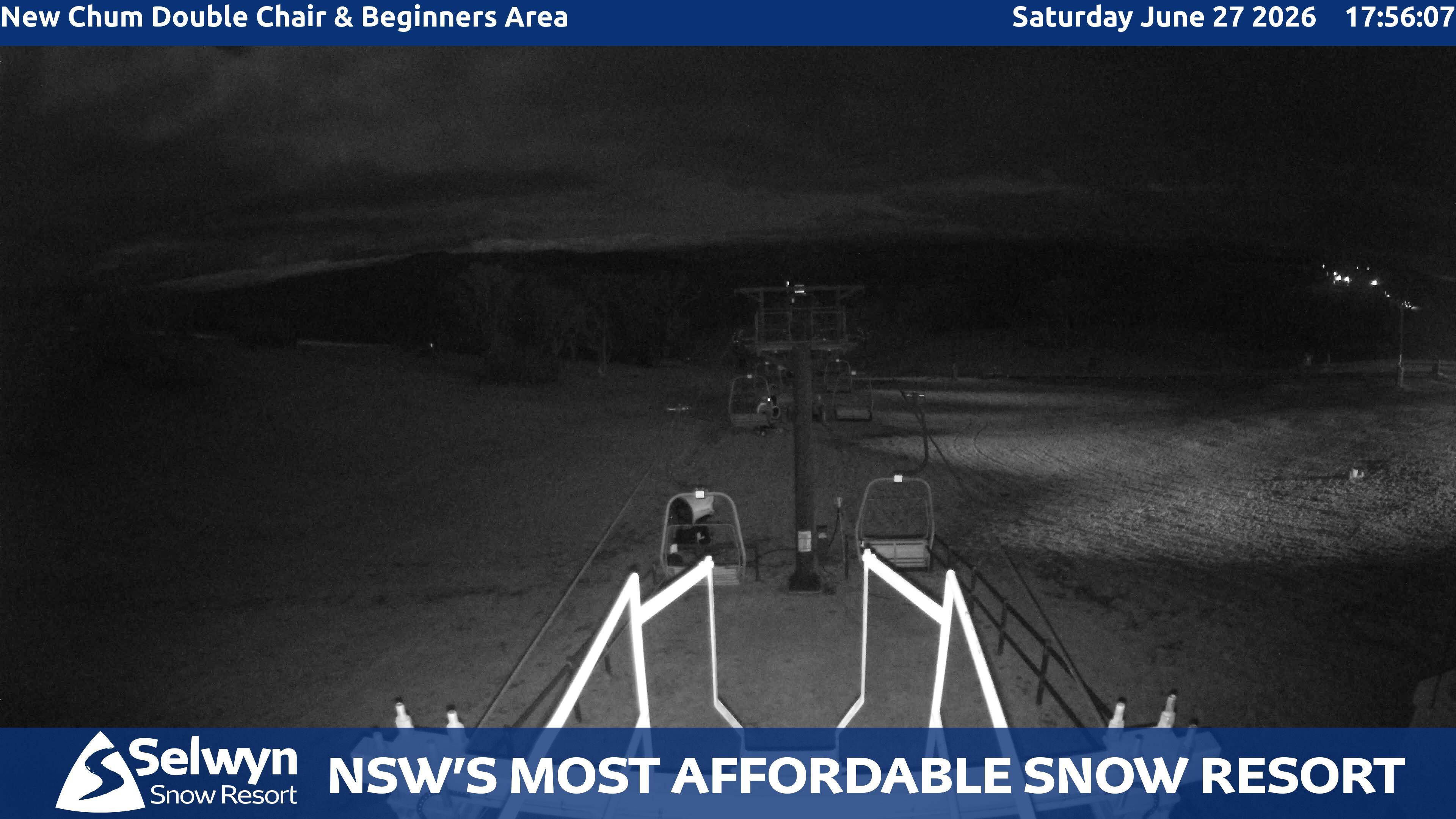Selwyn Snow Resort New Chum Double Chair and Beginners Area snow cam captured at 27 June 2026 at 5:56 pm AEST