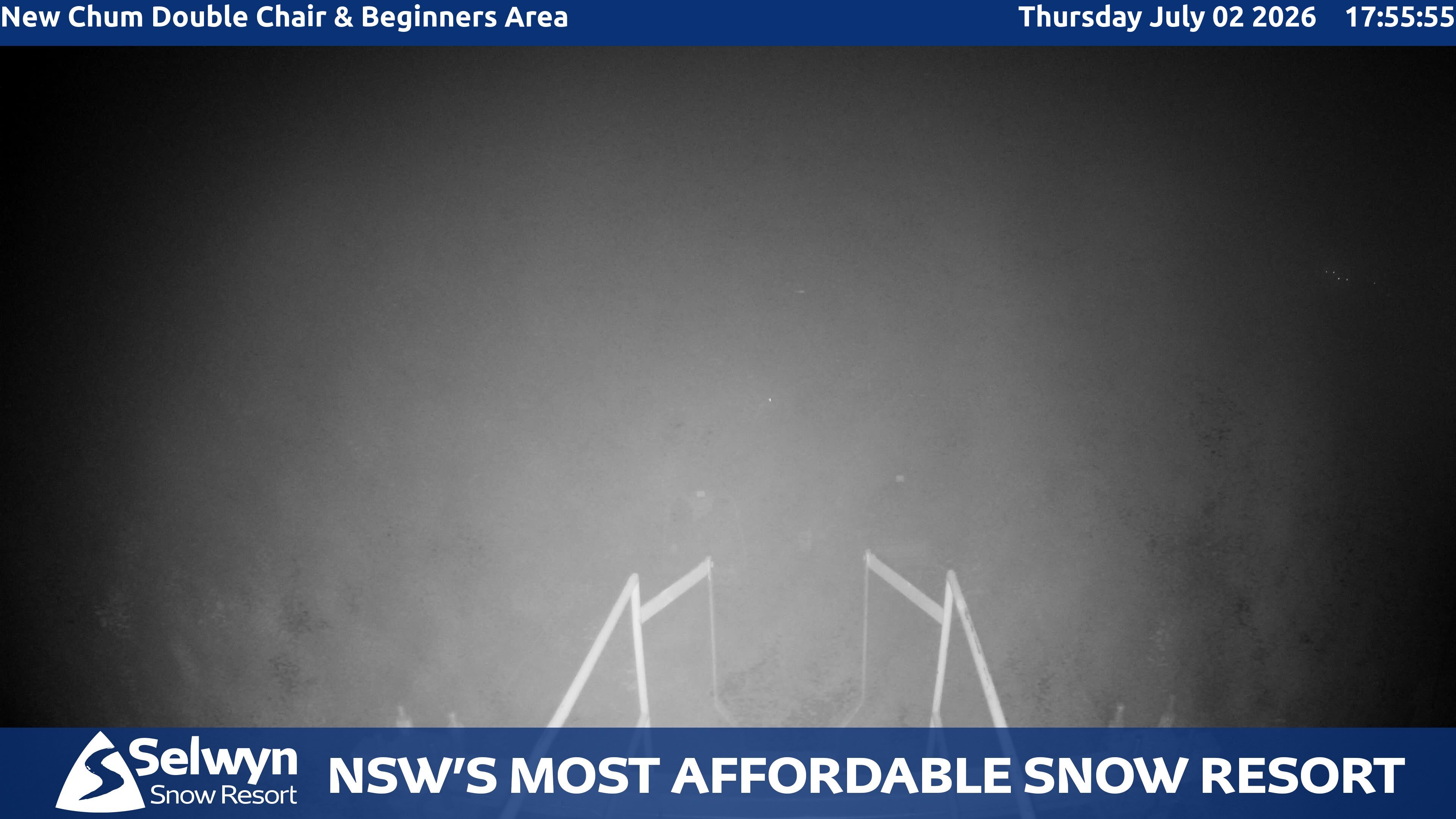 Selwyn Snow Resort New Chum Double Chair and Beginners Area snow cam captured at 2 July 2026 at 6:02 pm AEST