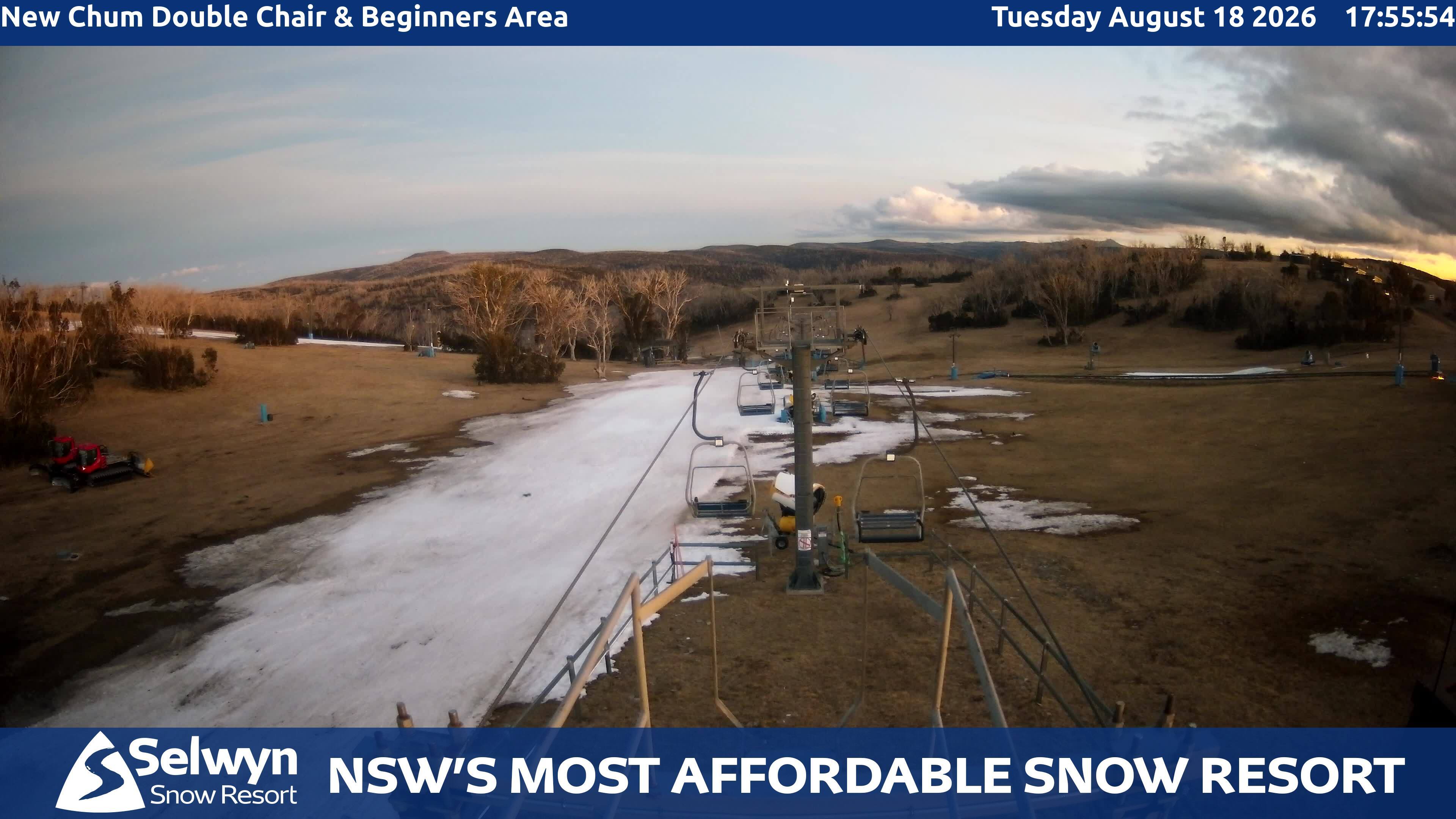 Selwyn Snow Resort New Chum Double Chair and Beginners Area snow cam captured at 18 August 2026 at 5:58 pm AEST