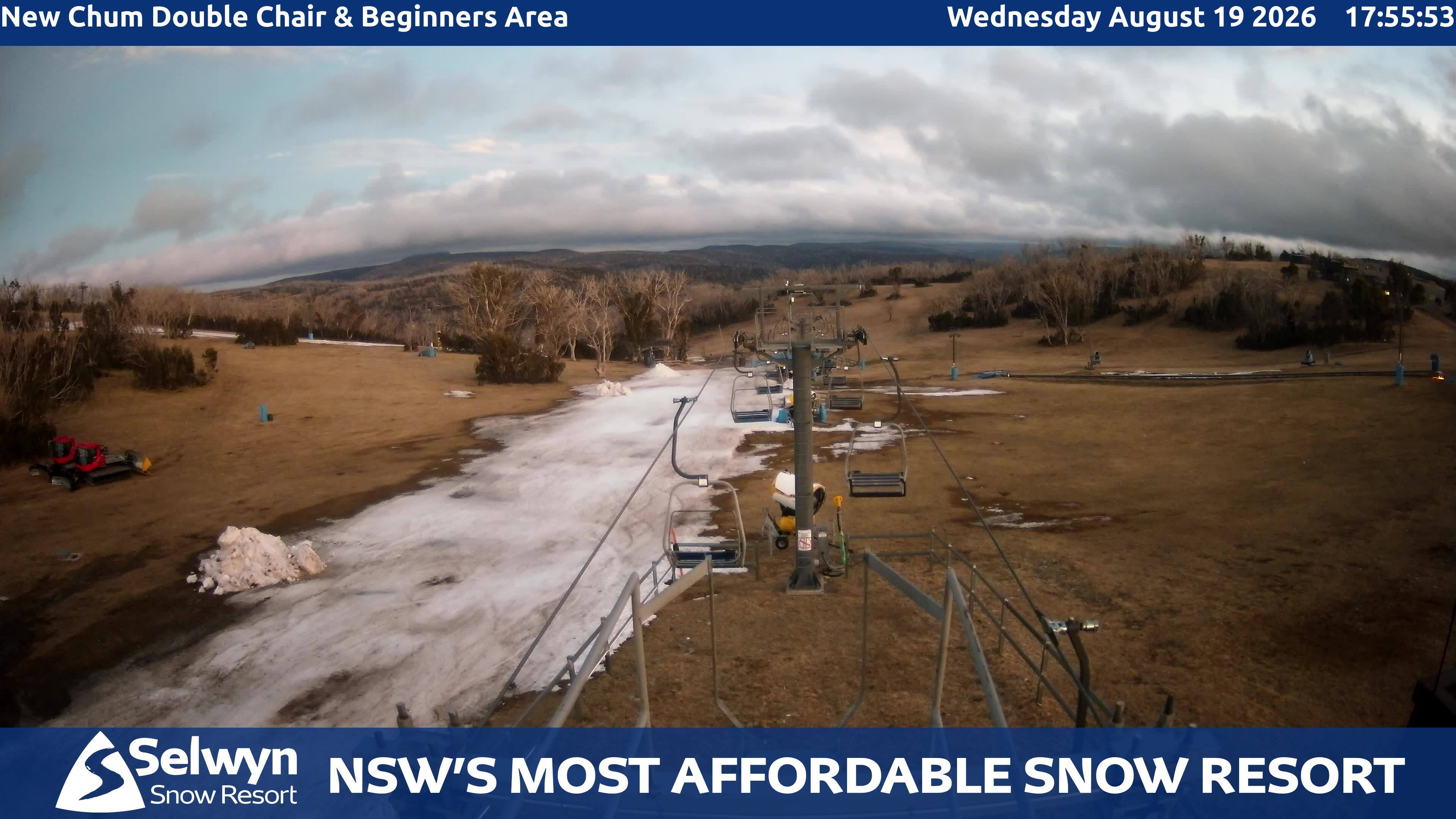 Selwyn Snow Resort New Chum Double Chair and Beginners Area snow cam captured at 19 August 2026 at 6:01 pm AEST