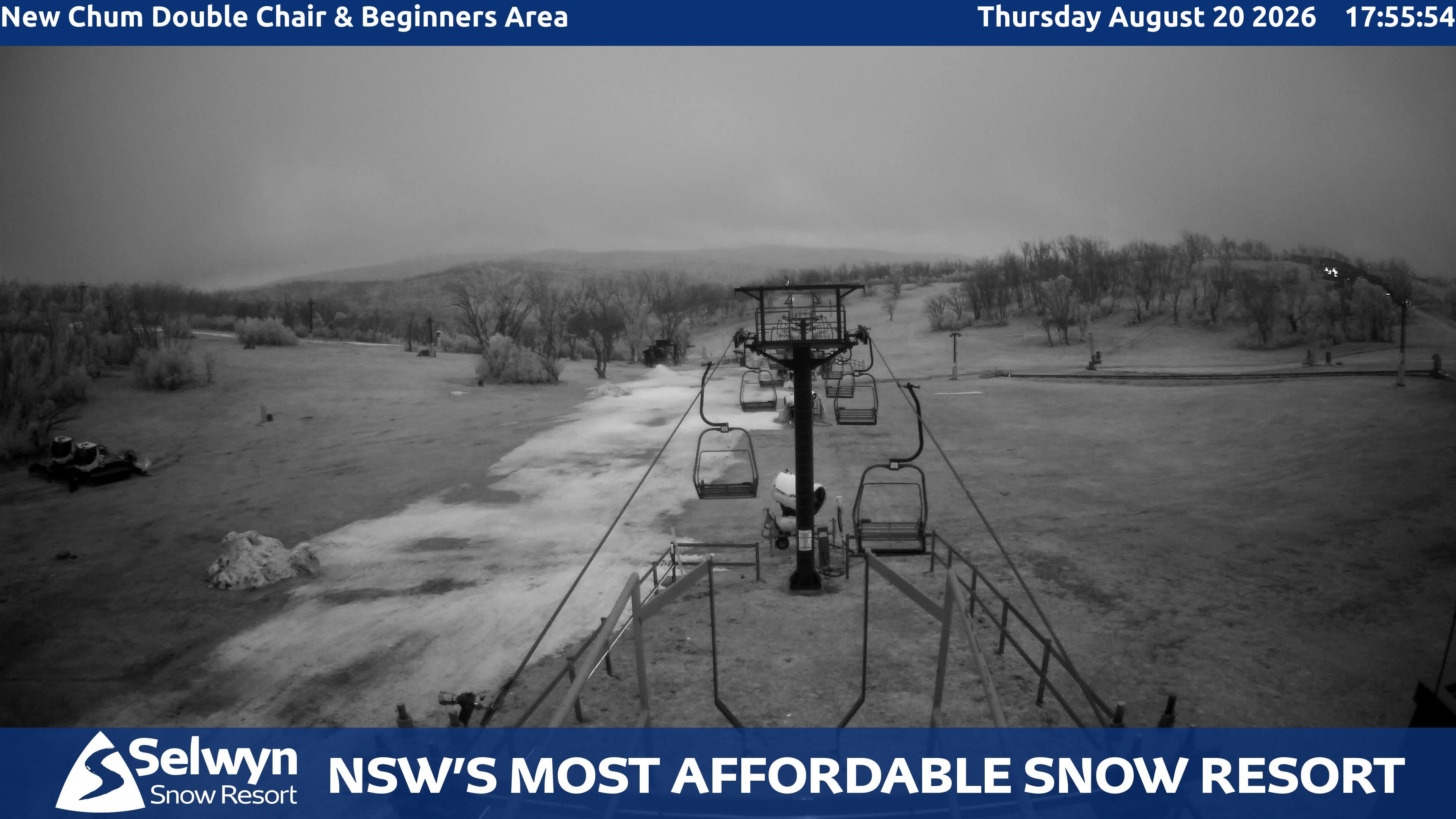 Selwyn Snow Resort New Chum Double Chair and Beginners Area snow cam captured at 20 August 2026 at 6:02 pm AEST
