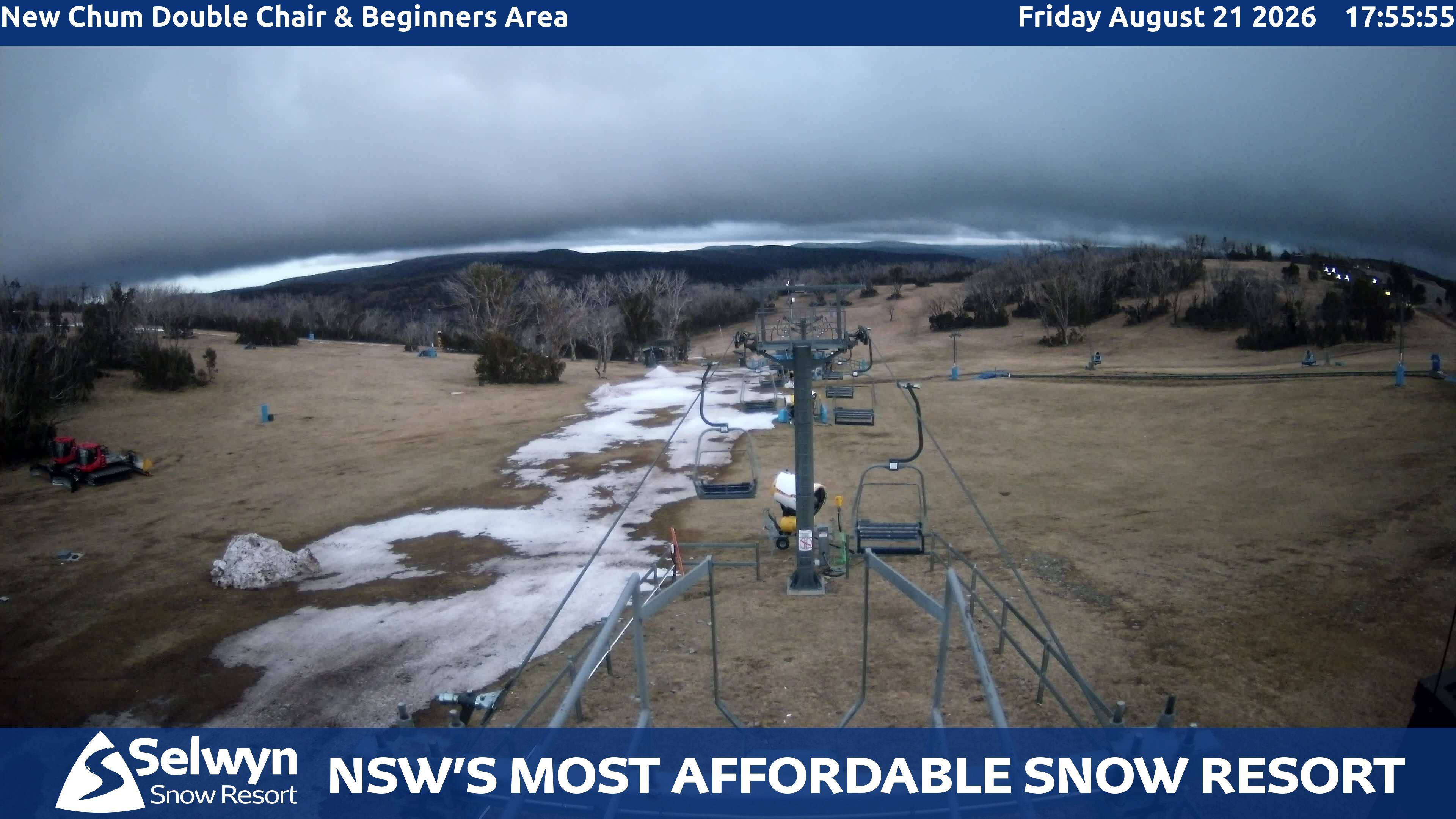 Selwyn Snow Resort New Chum Double Chair and Beginners Area snow cam captured at 21 August 2026 at 6:03 pm AEST