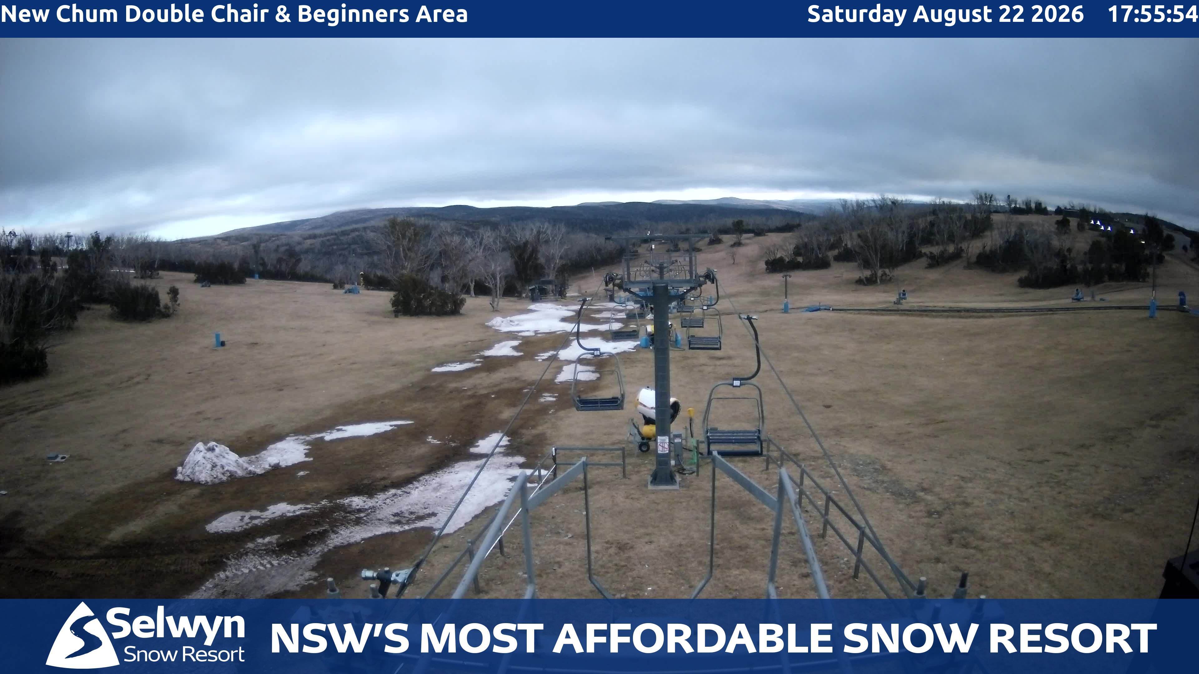 Selwyn Snow Resort New Chum Double Chair and Beginners Area snow cam captured at 22 August 2026 at 6:04 pm AEST