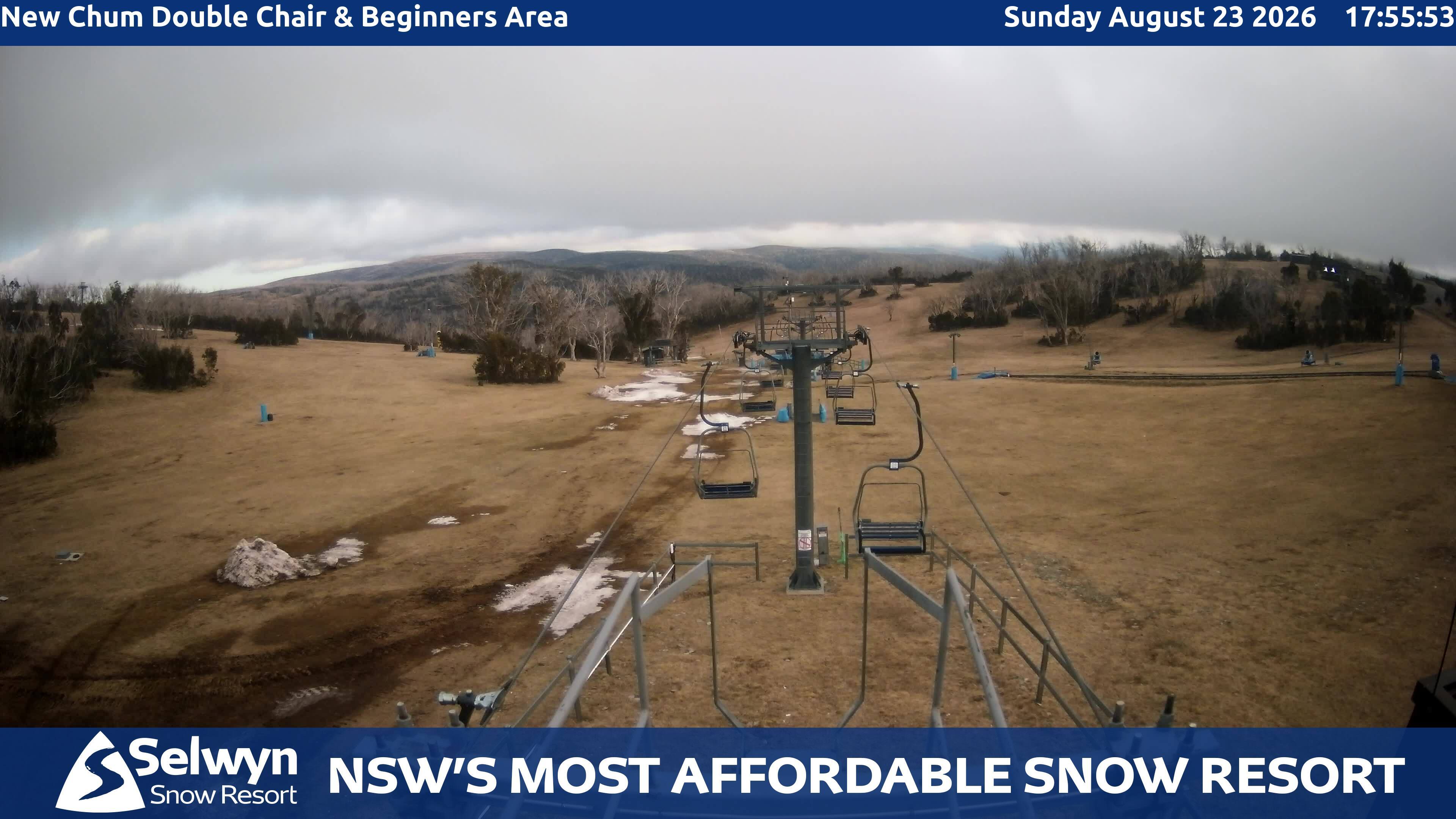 Selwyn Snow Resort New Chum Double Chair and Beginners Area snow cam captured at 23 August 2026 at 6:05 pm AEST