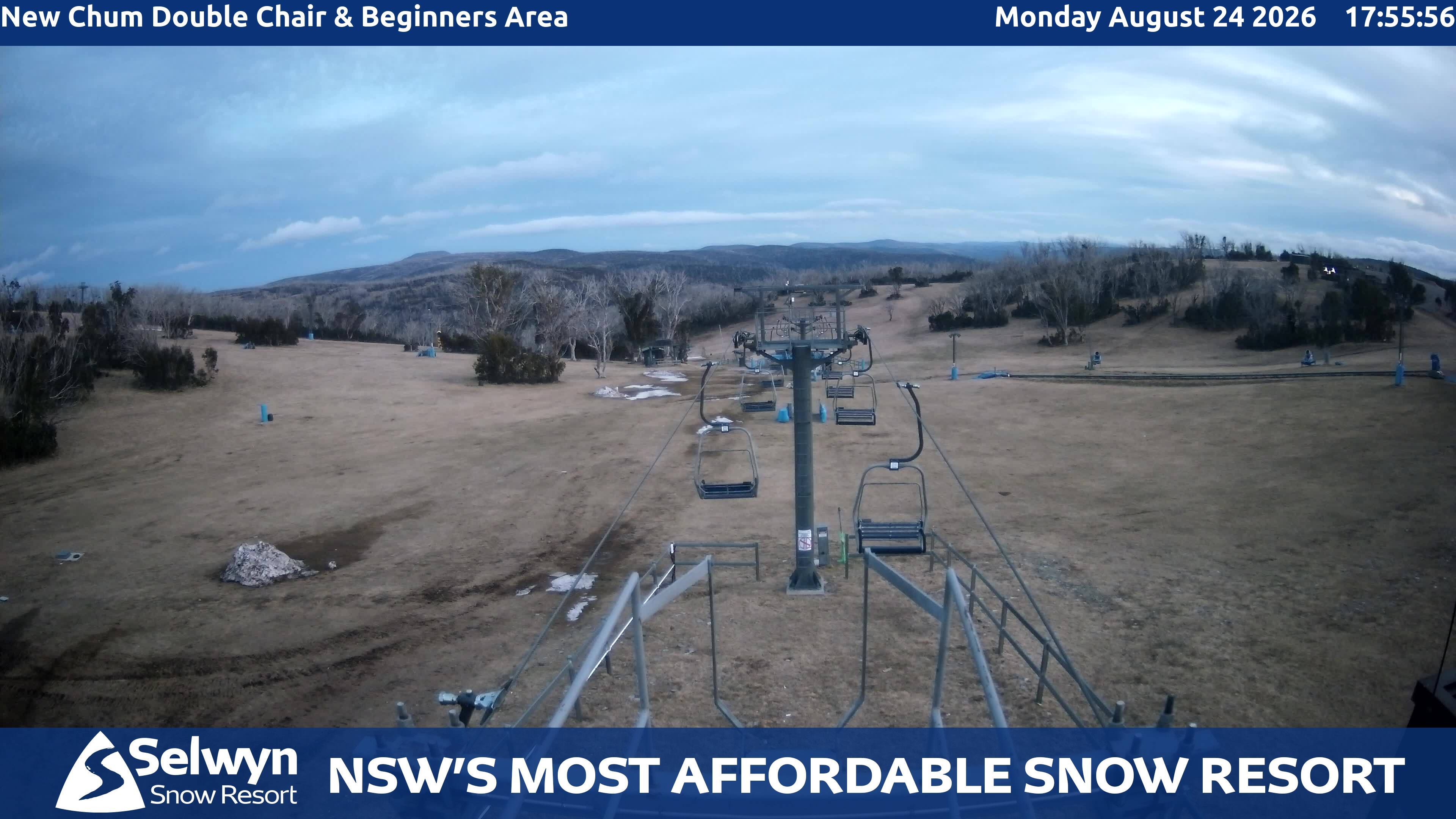 Selwyn Snow Resort New Chum Double Chair and Beginners Area snow cam captured at 24 August 2026 at 6:06 pm AEST