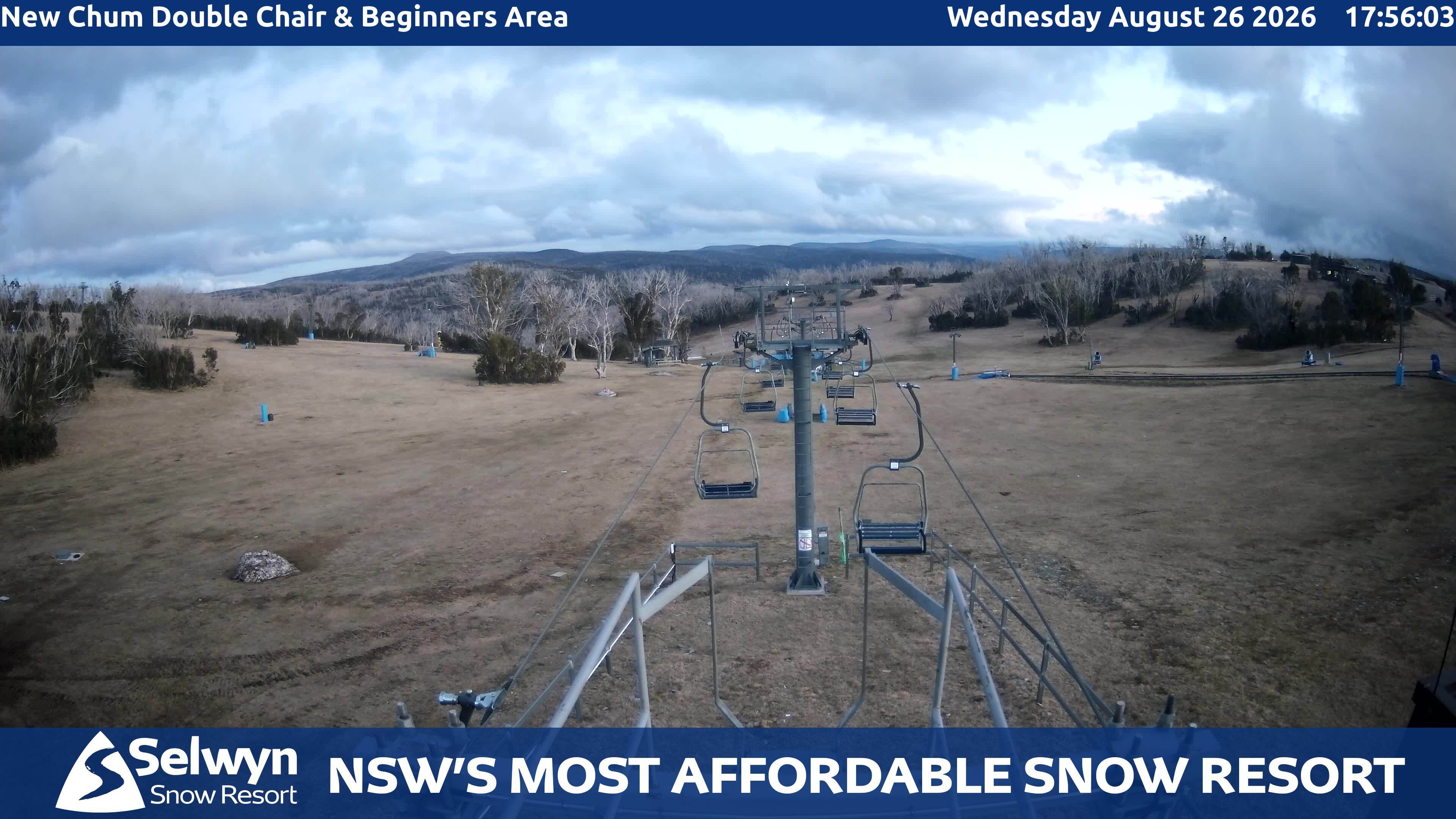 Selwyn Snow Resort New Chum Double Chair and Beginners Area snow cam captured at 26 August 2026 at 5:57 pm AEST