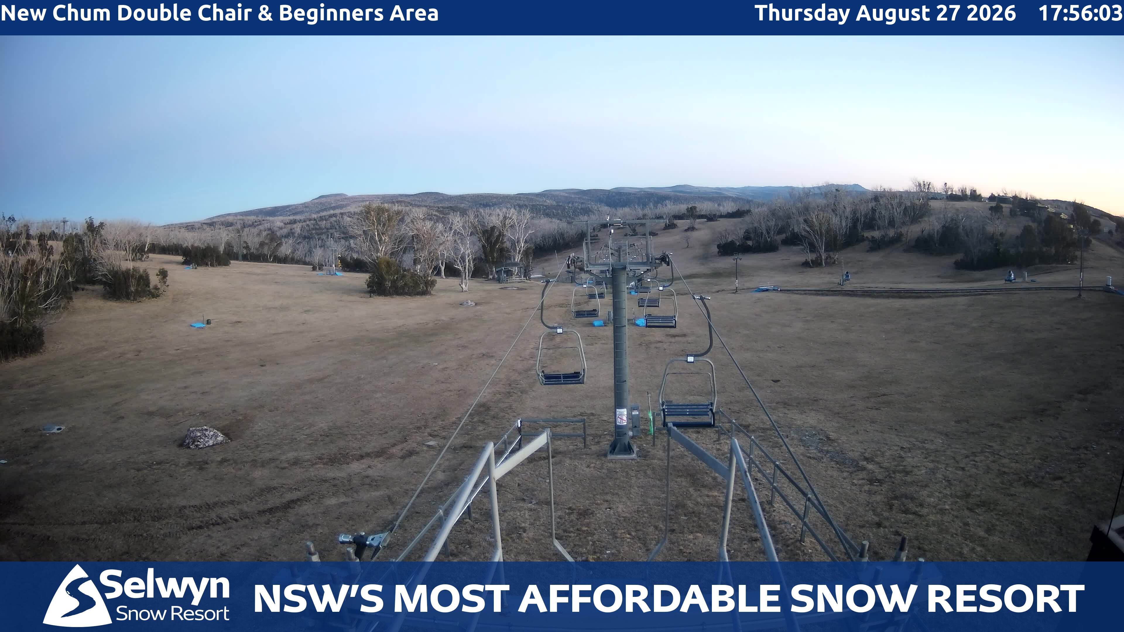 Selwyn Snow Resort New Chum Double Chair and Beginners Area snow cam captured at 27 August 2026 at 5:58 pm AEST
