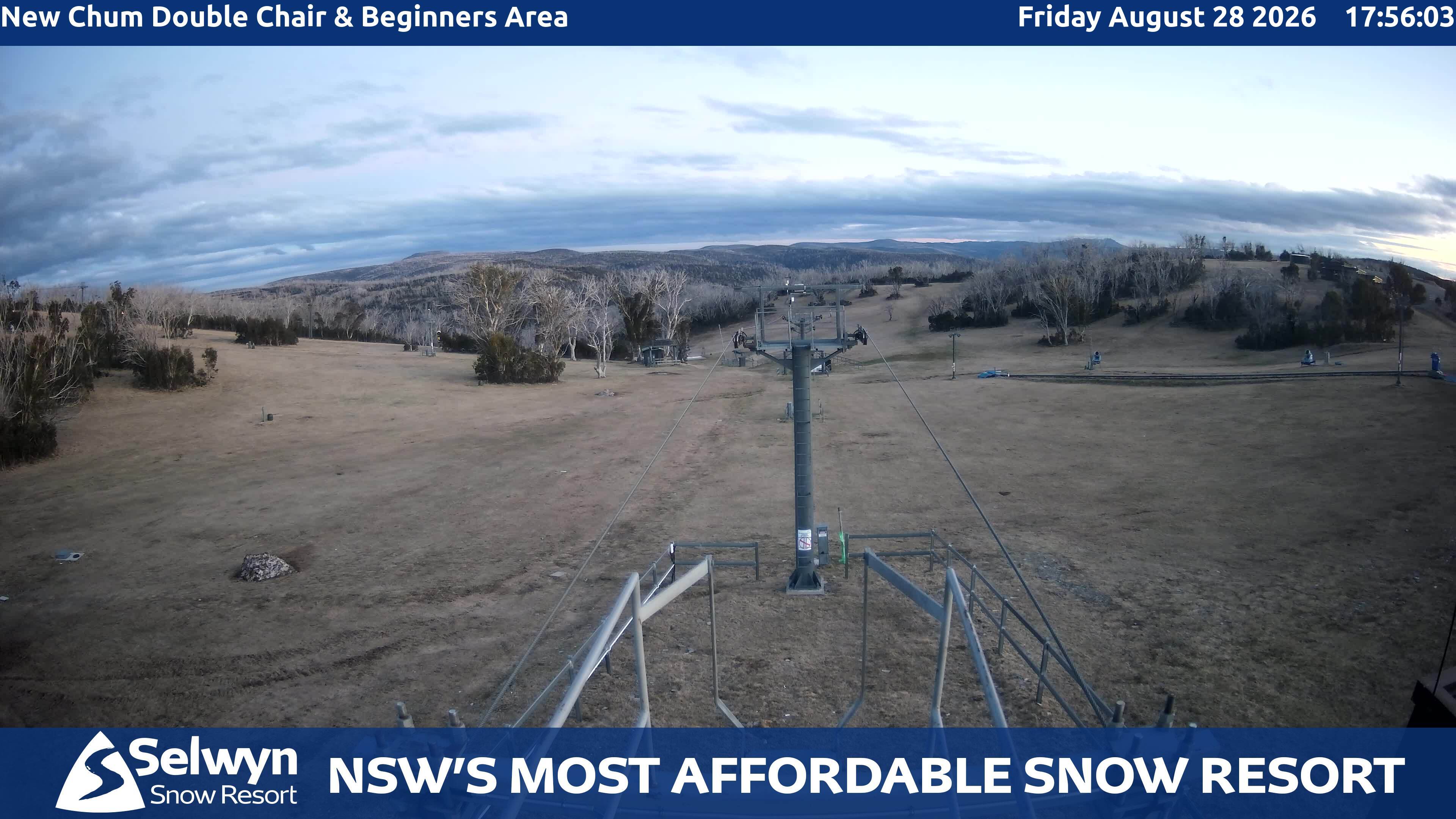 Selwyn Snow Resort New Chum Double Chair and Beginners Area snow cam captured at 28 August 2026 at 5:59 pm AEST