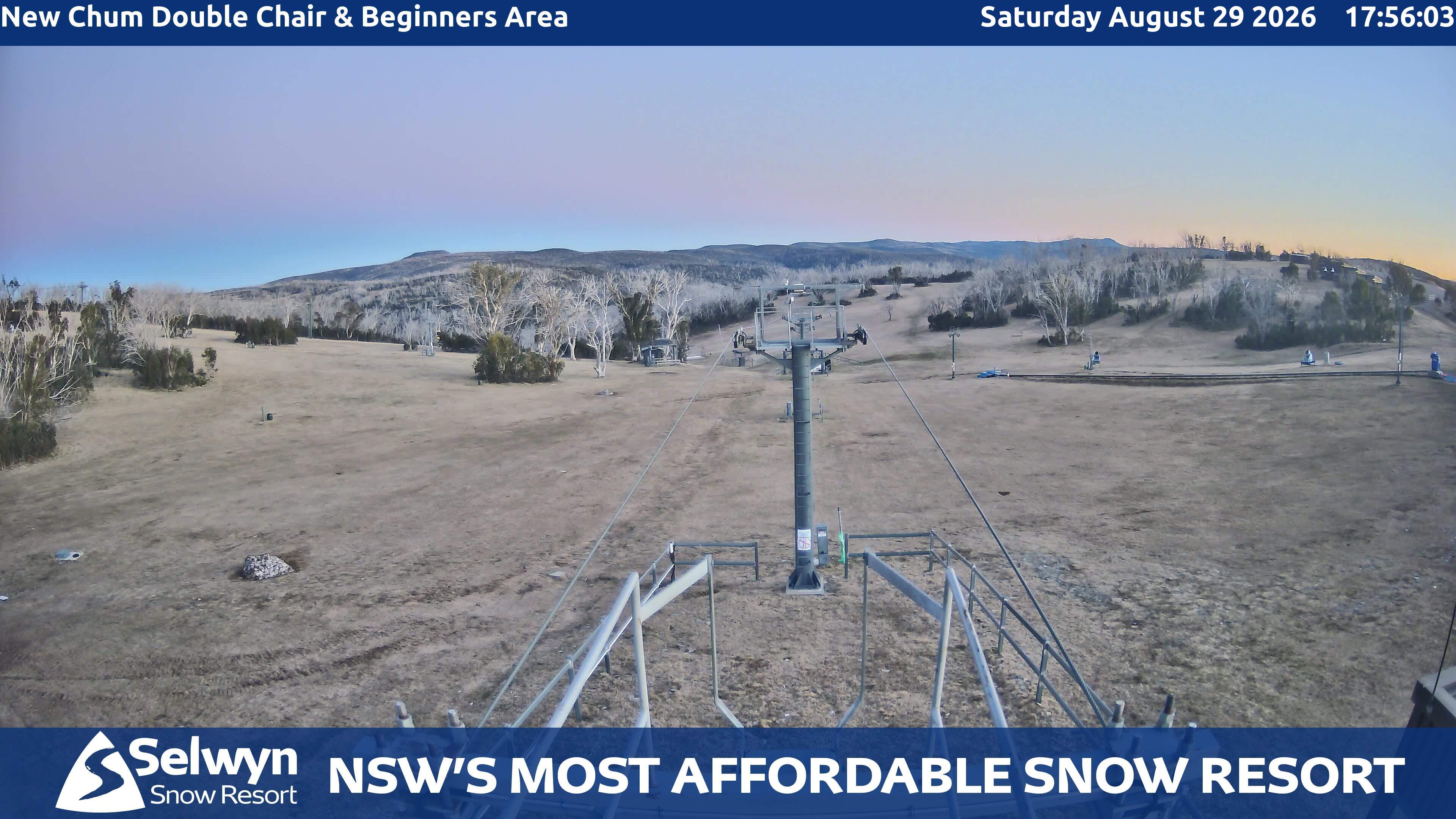 Selwyn Snow Resort New Chum Double Chair and Beginners Area snow cam captured at 29 August 2026 at 6:02 pm AEST
