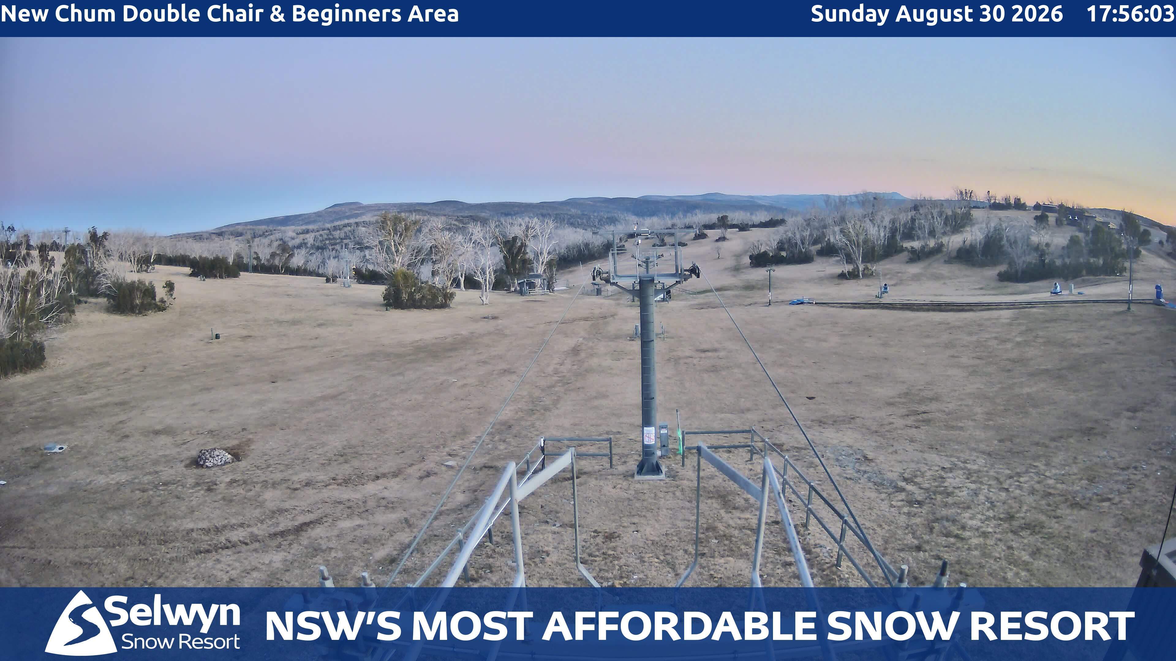 Selwyn Snow Resort New Chum Double Chair and Beginners Area snow cam captured at 30 August 2026 at 6:03 pm AEST