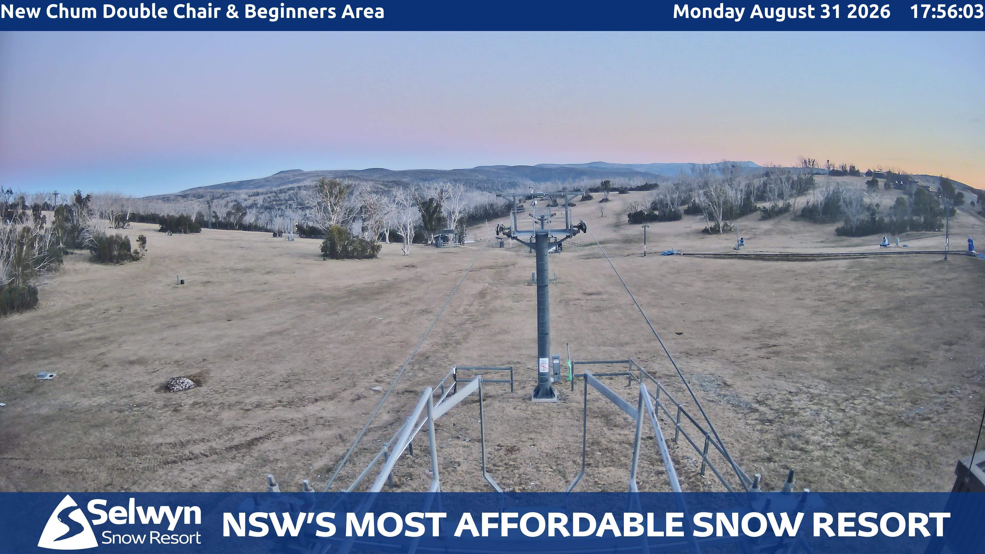 Selwyn Snow Resort New Chum Double Chair and Beginners Area snow cam captured at 31 August 2026 at 6:04 pm AEST