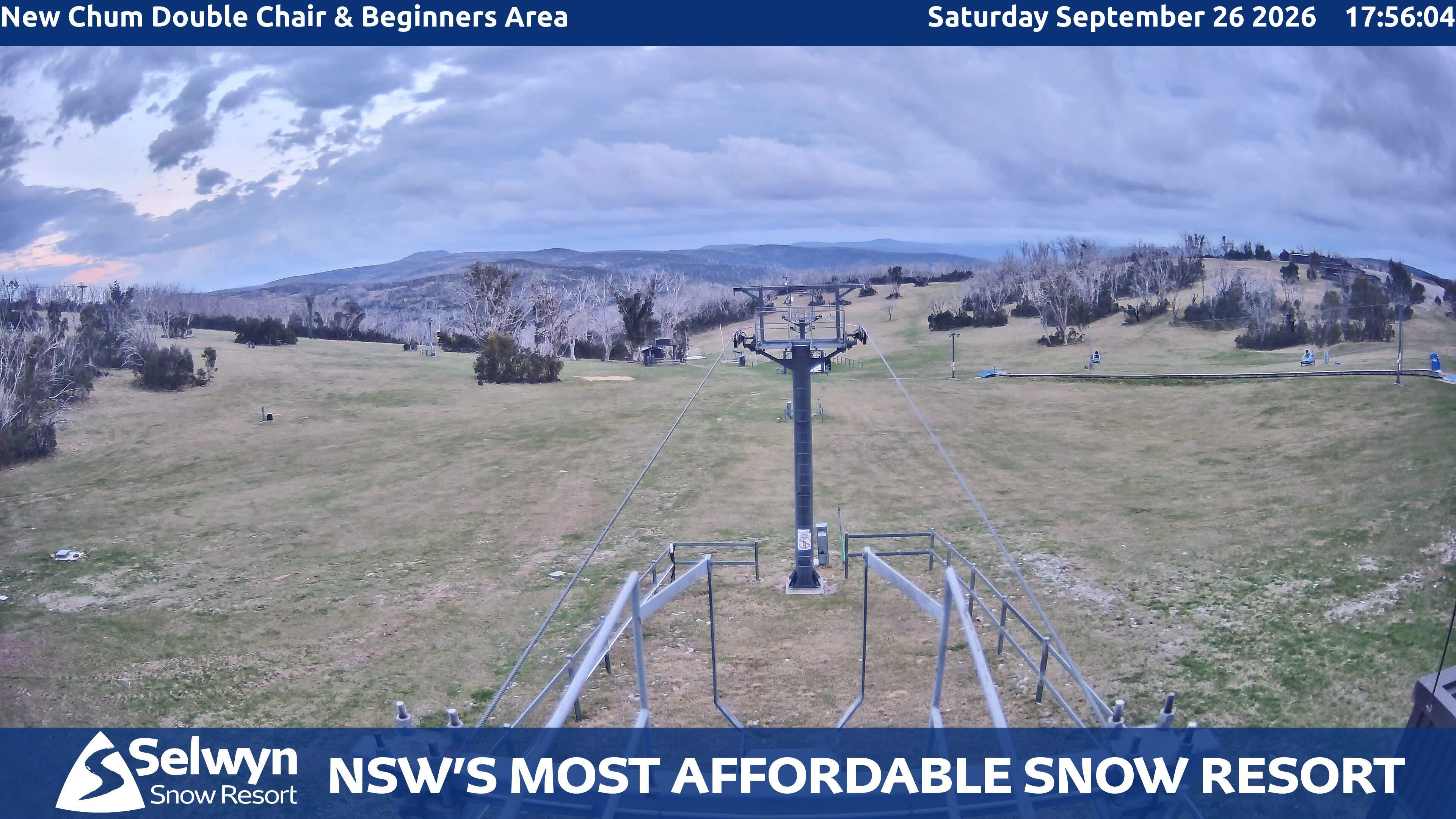 Selwyn Snow Resort New Chum Double Chair and Beginners Area snow cam captured at 26 September 2026 at 6:05 pm AEST