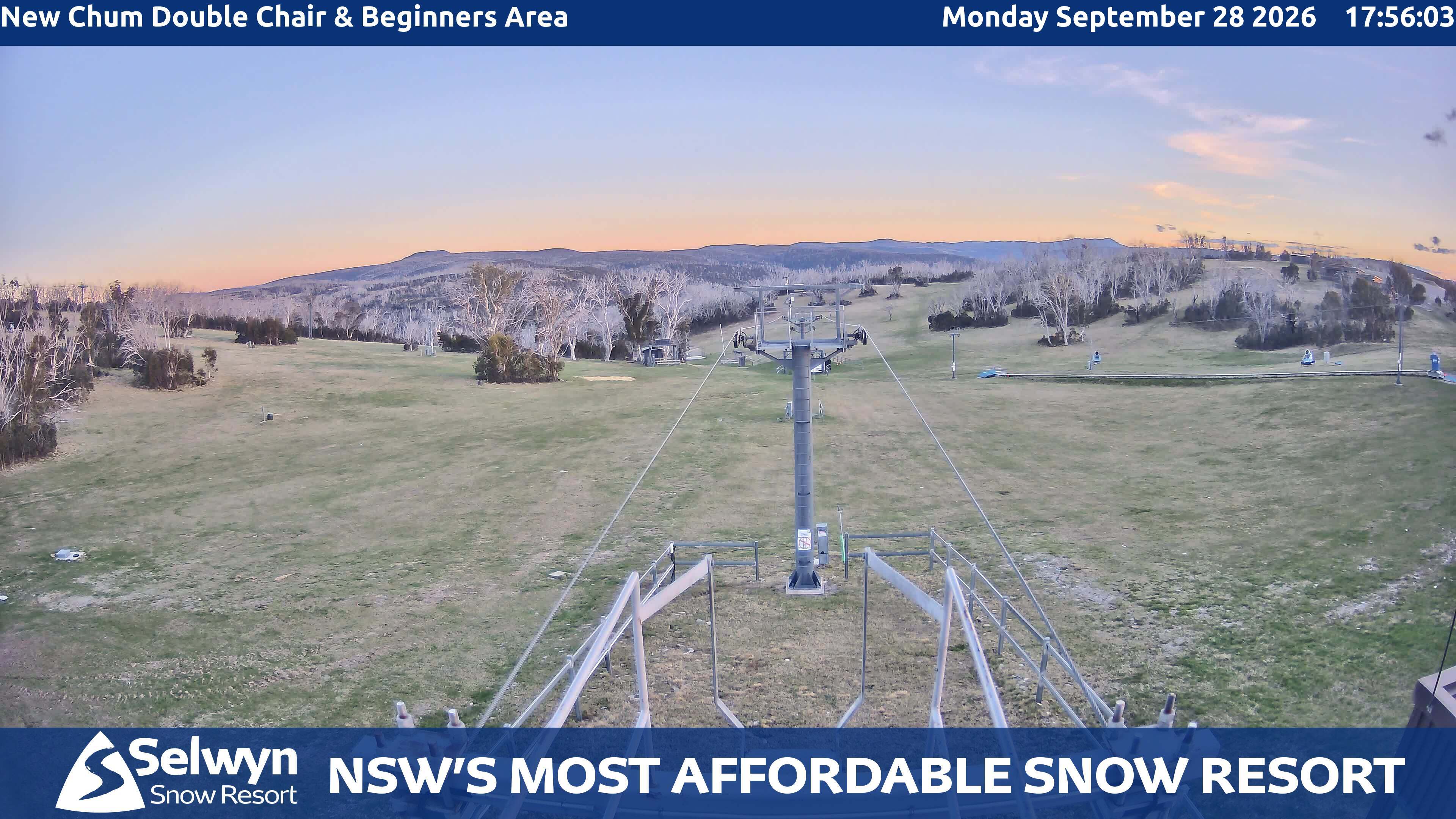 Selwyn Snow Resort New Chum Double Chair and Beginners Area snow cam captured at 28 September 2026 at 6:06 pm AEST