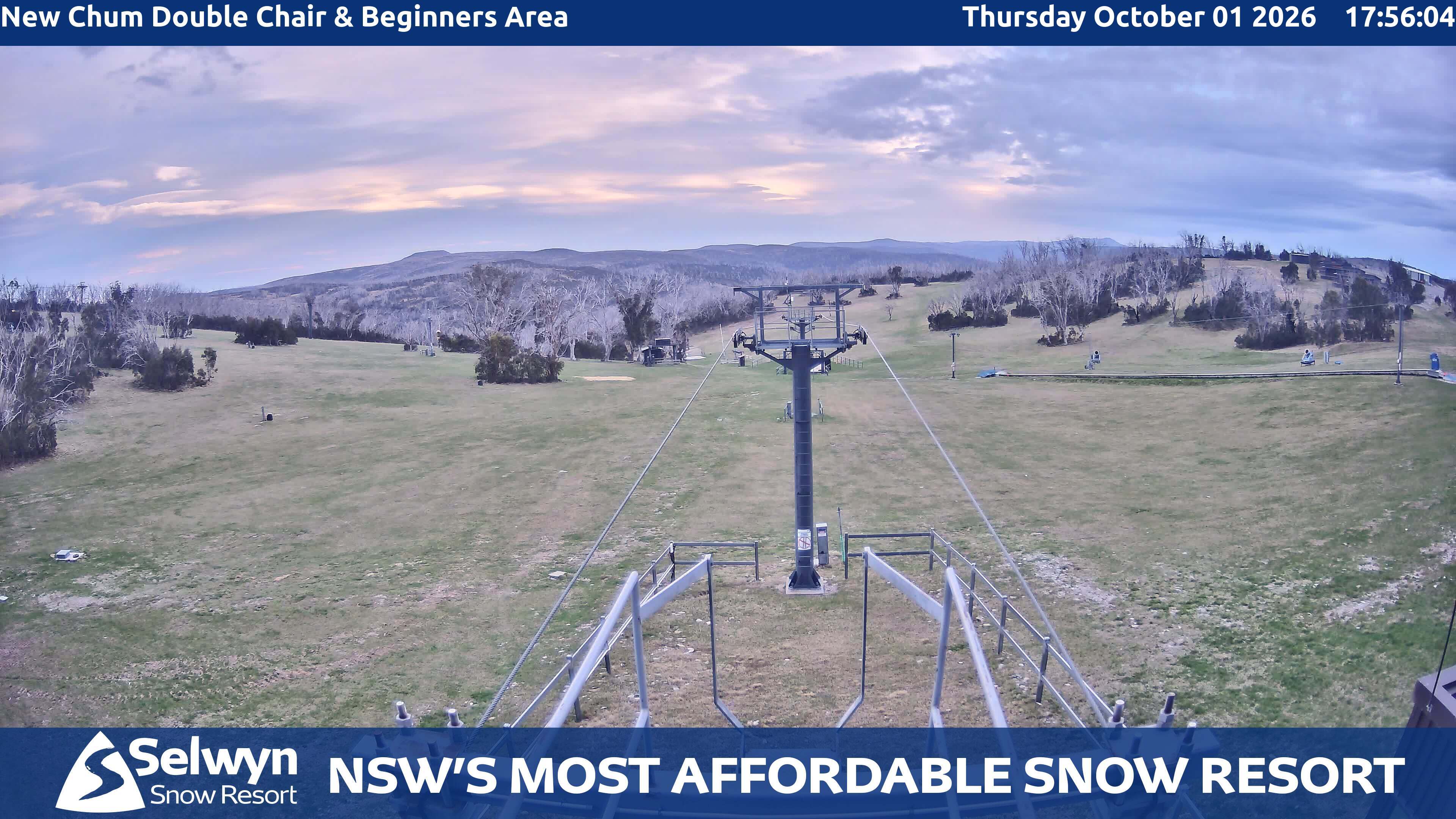 Selwyn Snow Resort New Chum Double Chair and Beginners Area snow cam captured at 1 October 2026 at 6:09 pm AEST