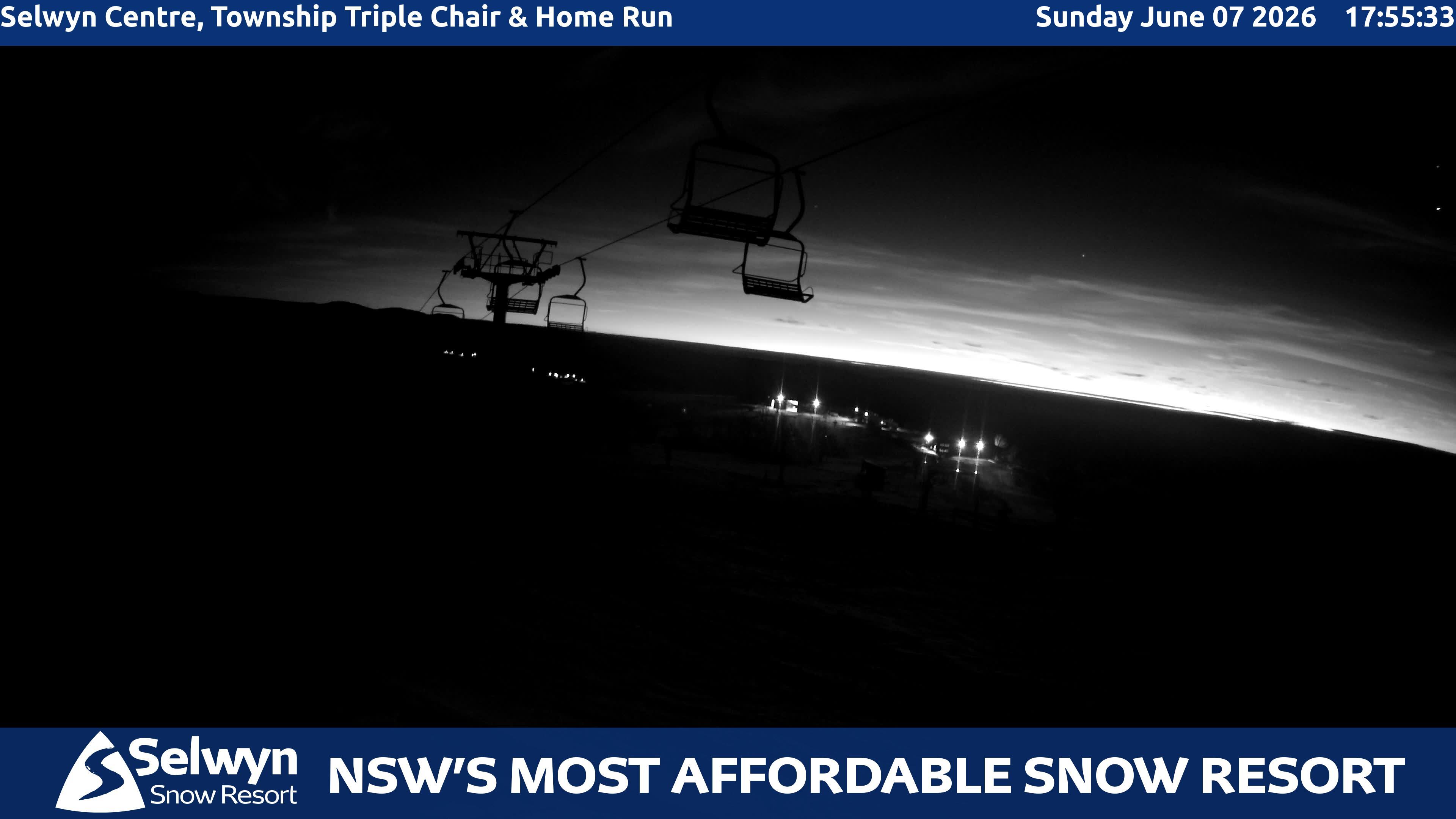 Selwyn Snow Resort Selwyn Centre, Township Triple Chair and Home Run snow cam captured at 7 June 2026 at 11:05 pm AEST