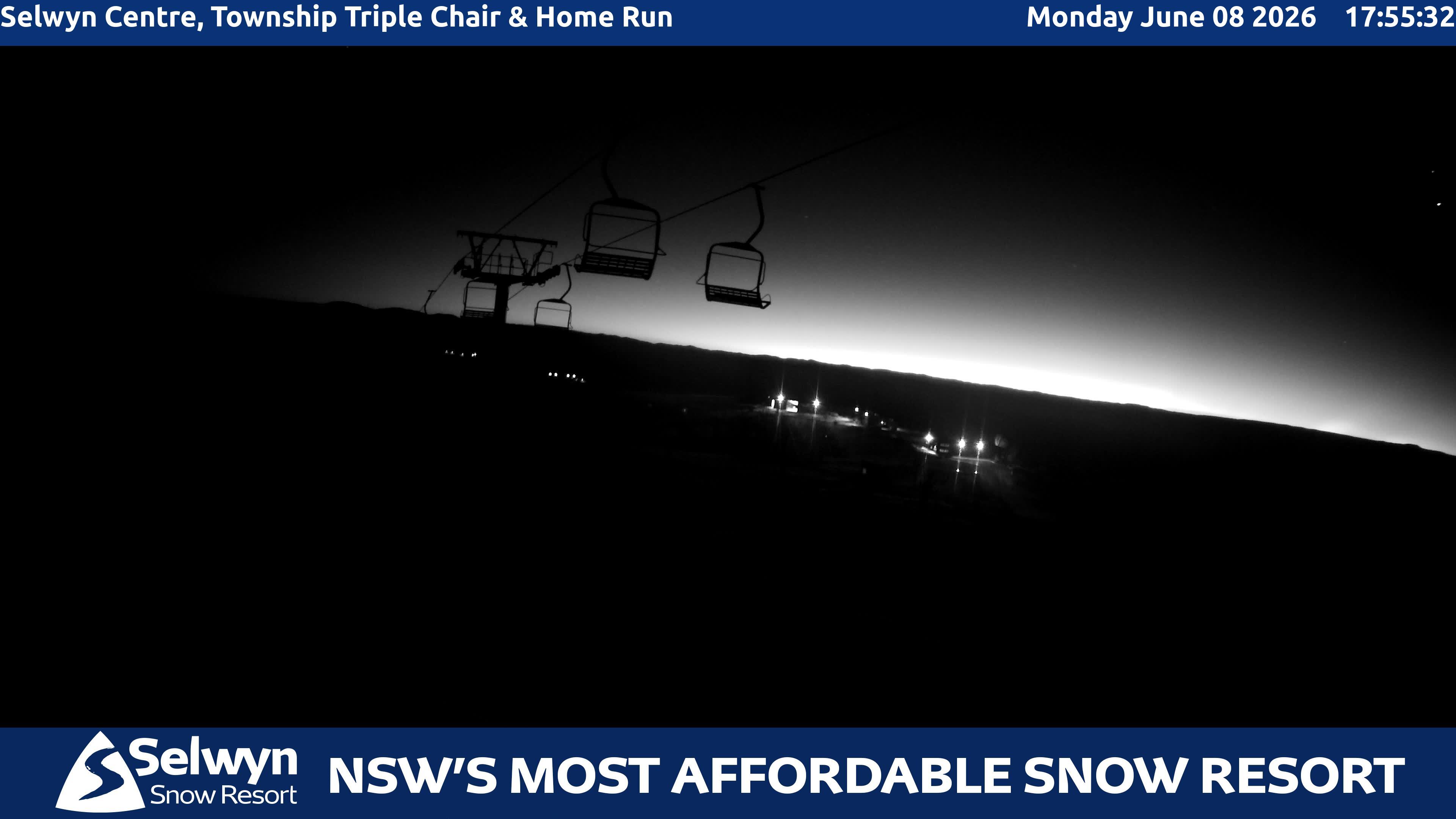 Selwyn Snow Resort Selwyn Centre, Township Triple Chair and Home Run snow cam captured at 8 June 2026 at 6:01 pm AEST