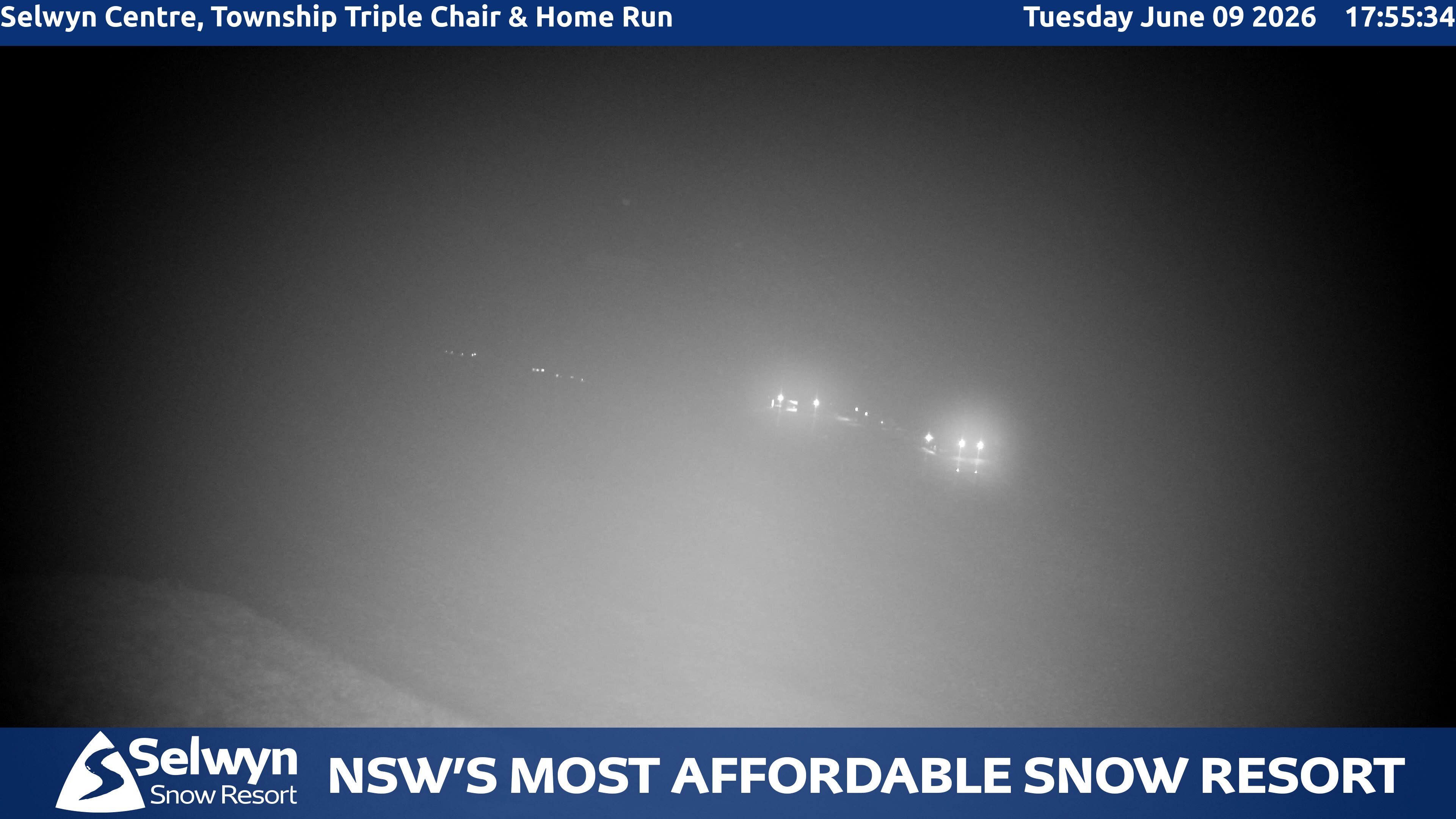 Selwyn Snow Resort Selwyn Centre, Township Triple Chair and Home Run snow cam captured at 9 June 2026 at 6:00 pm AEST