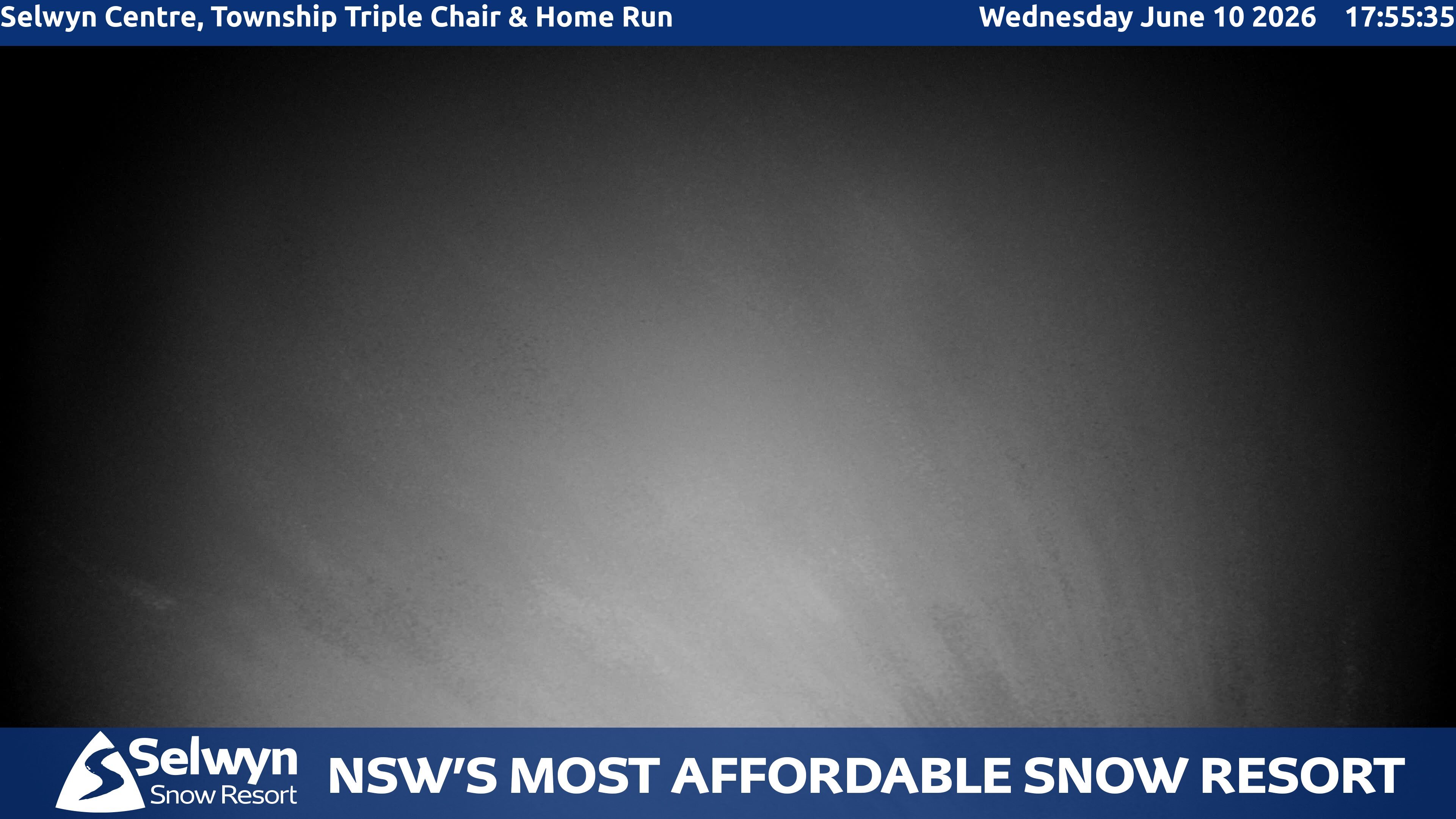 Selwyn Snow Resort Selwyn Centre, Township Triple Chair and Home Run snow cam captured at 10 June 2026 at 6:02 pm AEST