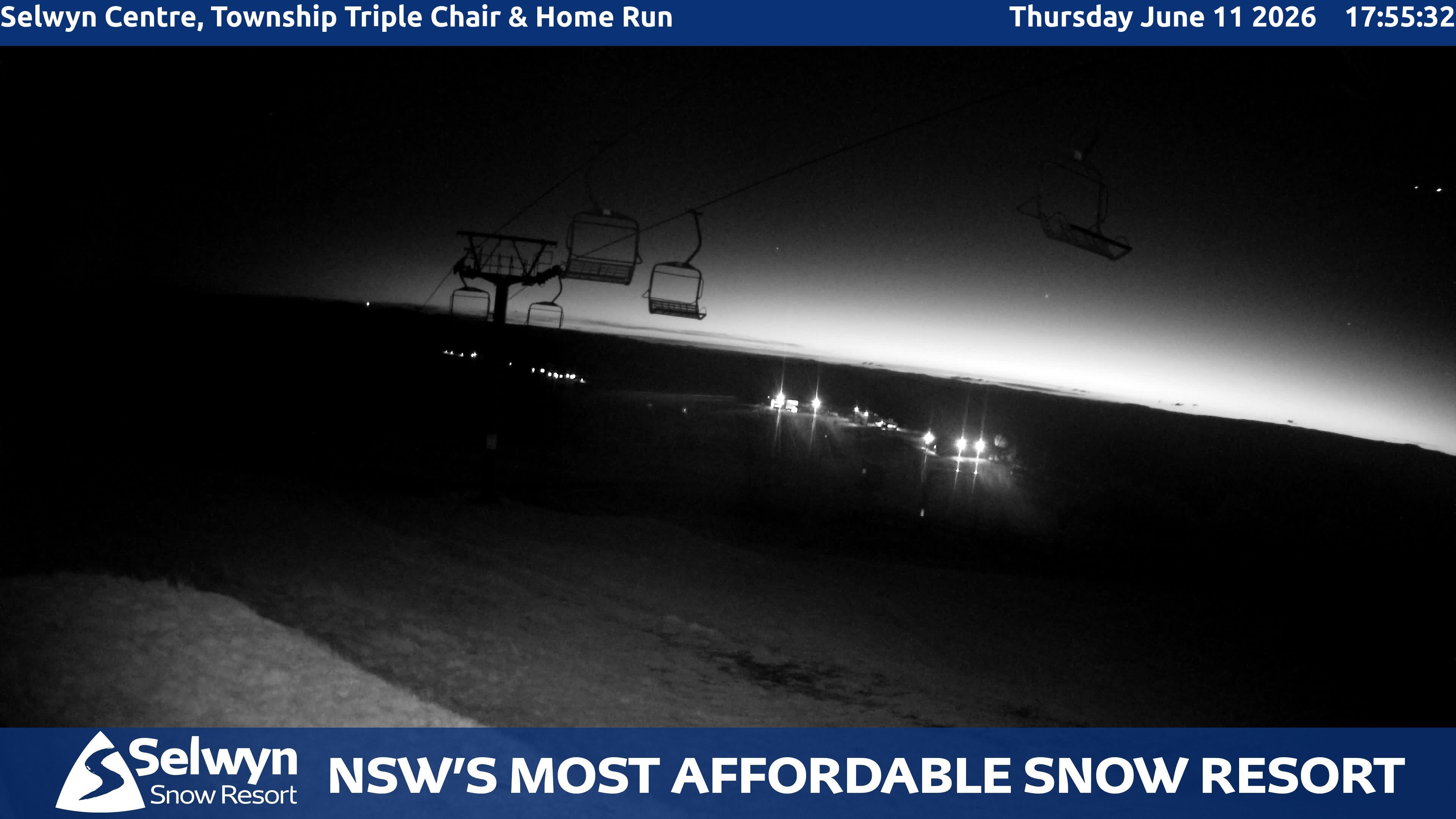 Selwyn Snow Resort Selwyn Centre, Township Triple Chair and Home Run snow cam captured at 11 June 2026 at 5:58 pm AEST