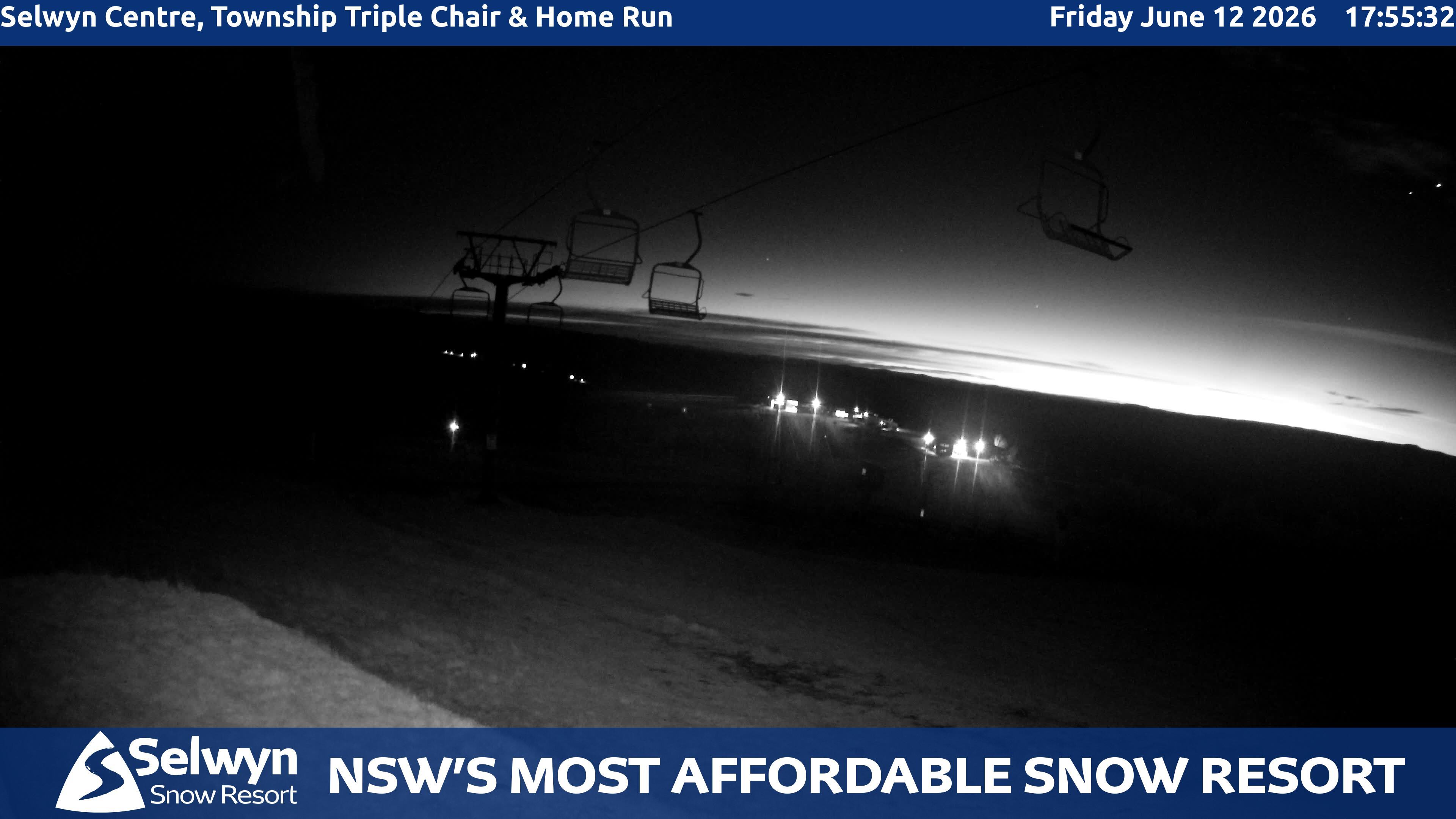 Selwyn Snow Resort Selwyn Centre, Township Triple Chair and Home Run snow cam captured at 12 June 2026 at 5:58 pm AEST