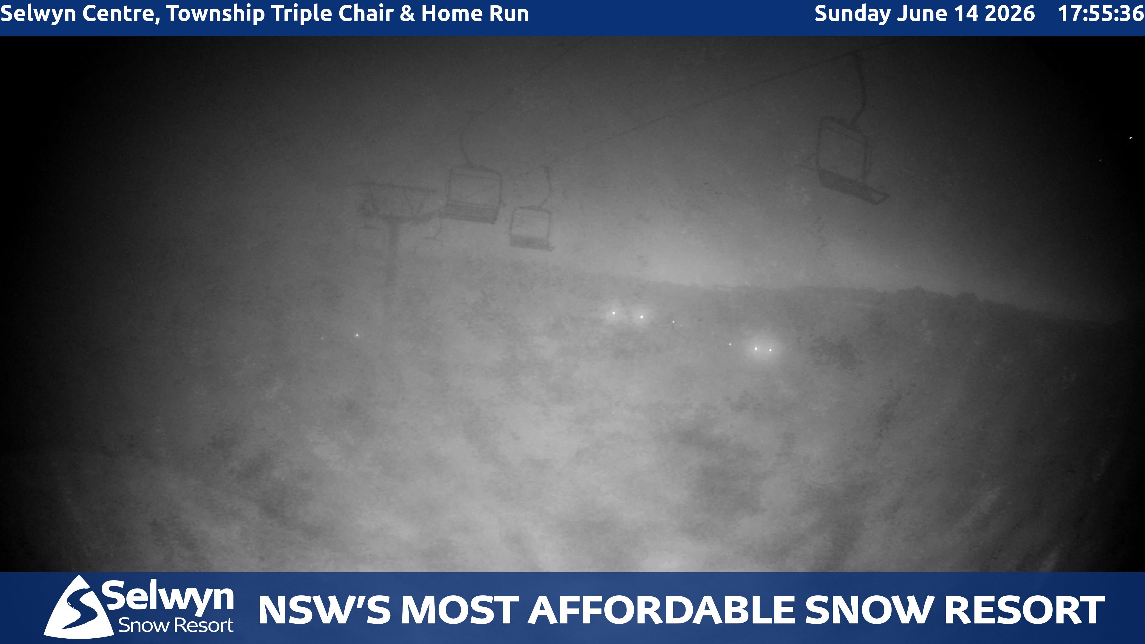 Selwyn Snow Resort Selwyn Centre, Township Triple Chair and Home Run snow cam captured at 14 June 2026 at 5:59 pm AEST