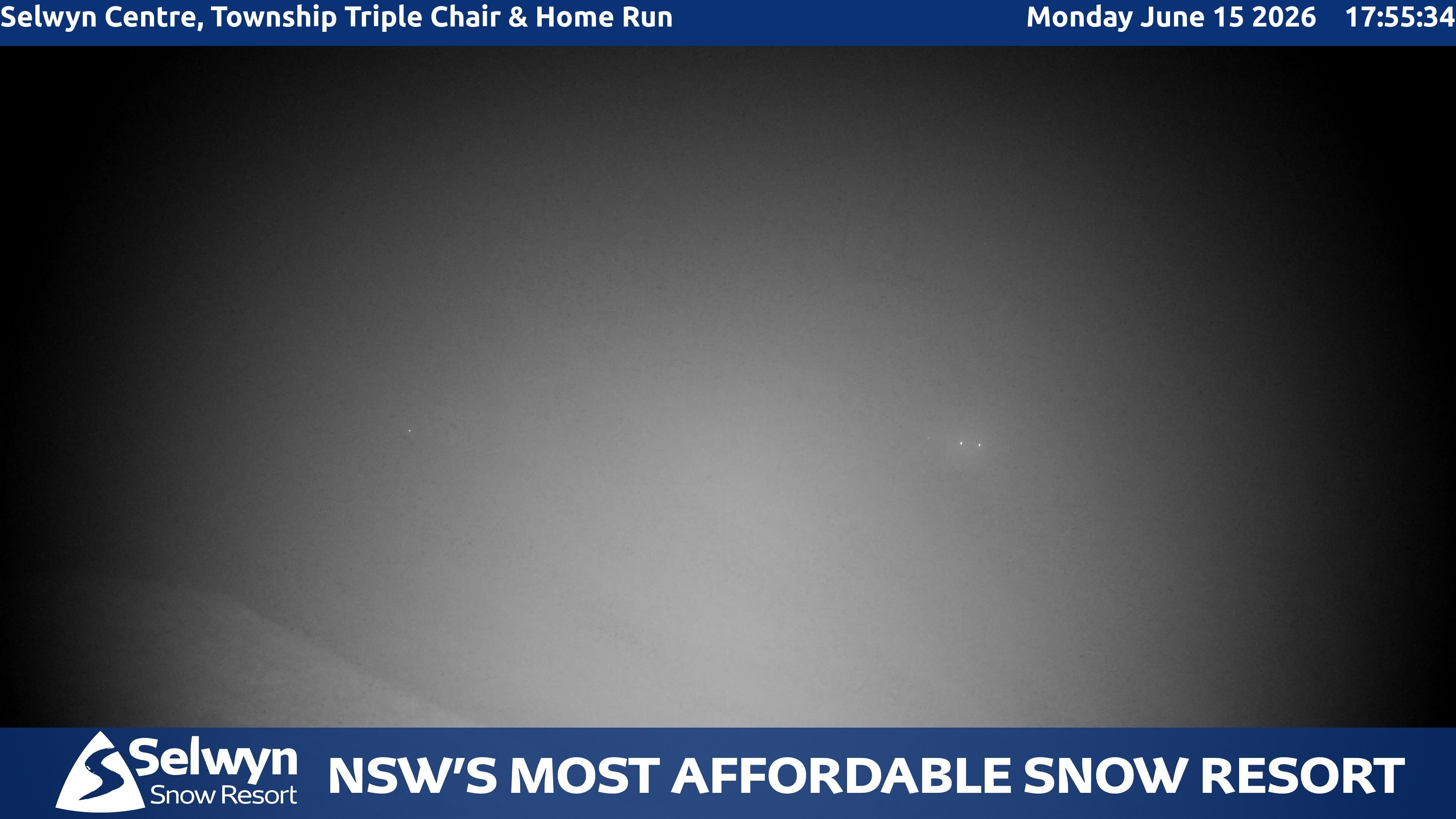 Selwyn Snow Resort Selwyn Centre, Township Triple Chair and Home Run snow cam captured at 15 June 2026 at 5:59 pm AEST