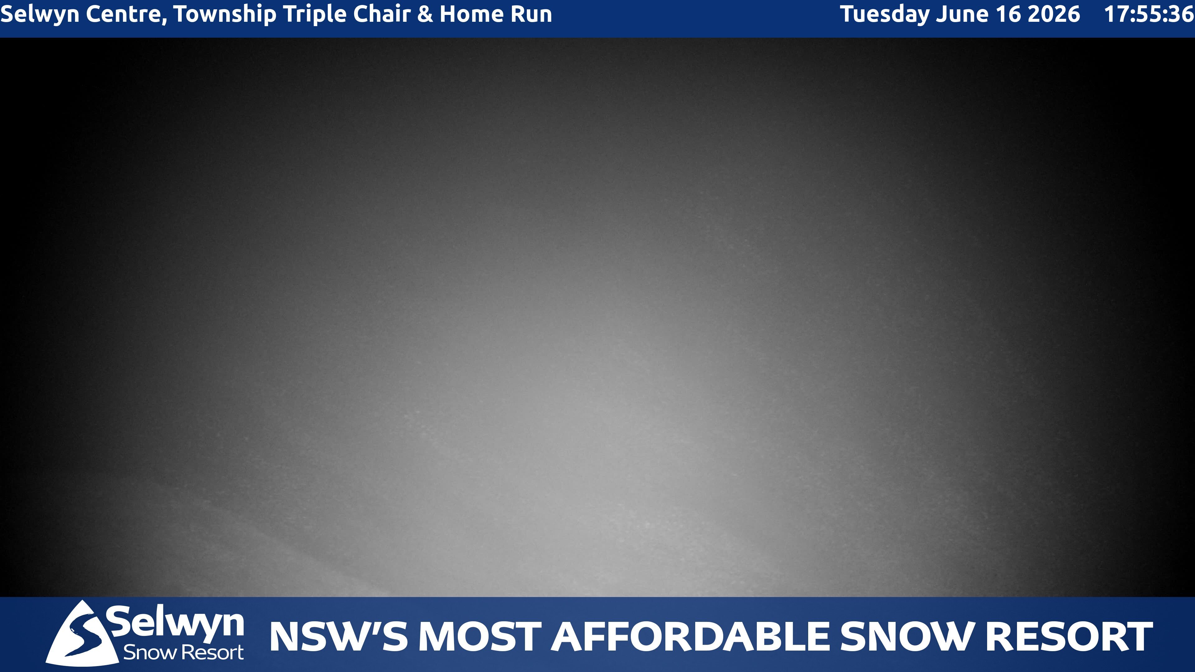 Selwyn Snow Resort Selwyn Centre, Township Triple Chair and Home Run snow cam captured at 16 June 2026 at 6:09 pm AEST