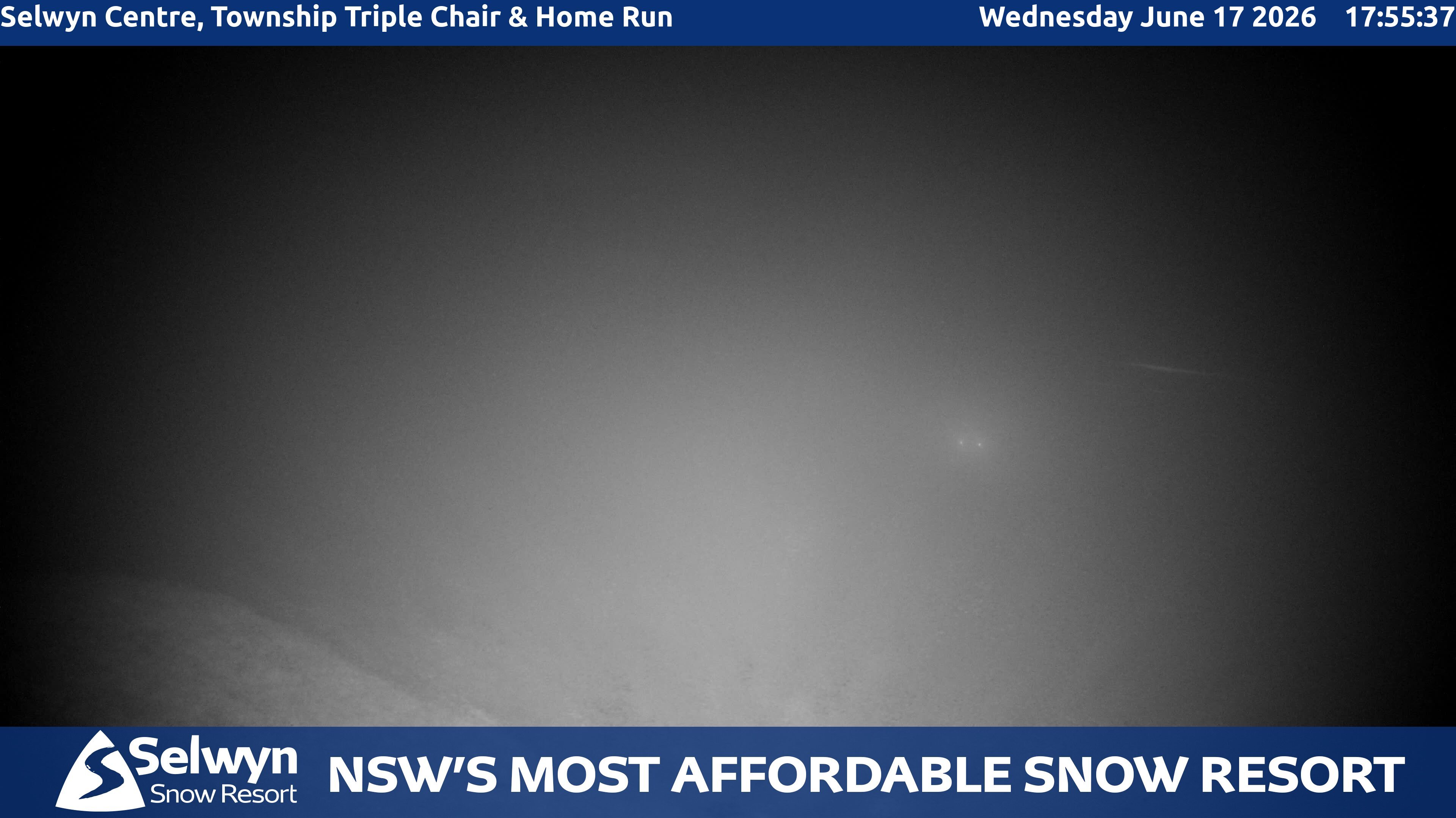 Selwyn Snow Resort Selwyn Centre, Township Triple Chair and Home Run snow cam captured at 17 June 2026 at 6:01 pm AEST