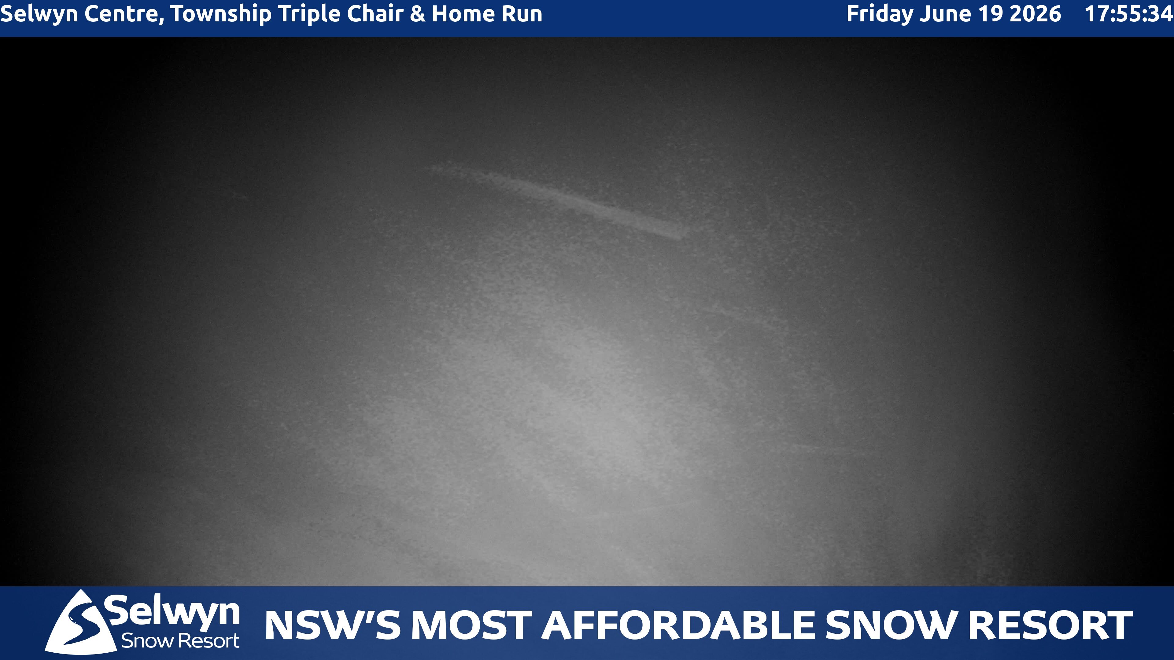 Selwyn Snow Resort Selwyn Centre, Township Triple Chair and Home Run snow cam captured at 19 June 2026 at 5:57 pm AEST