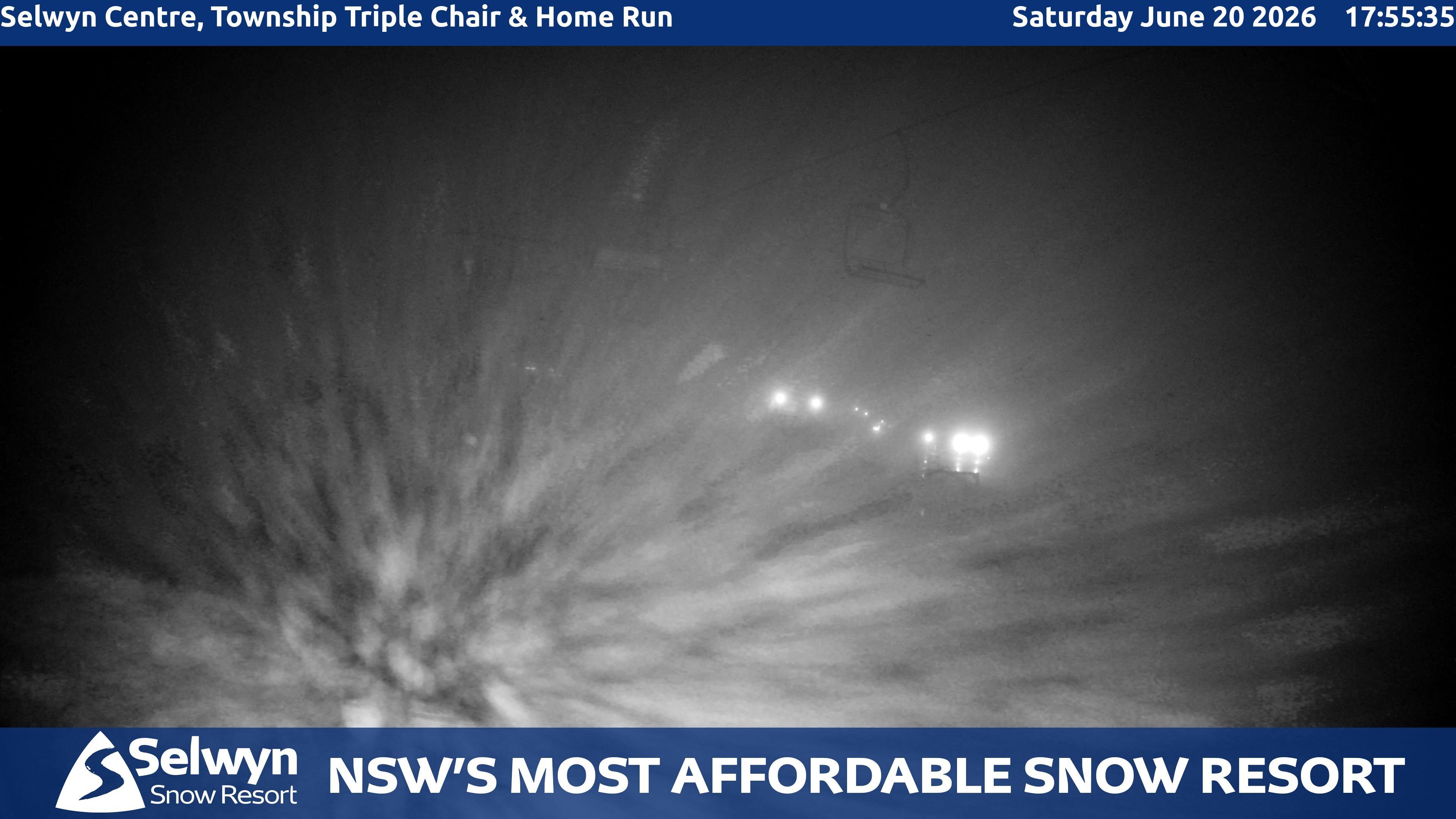 Selwyn Snow Resort Selwyn Centre, Township Triple Chair and Home Run snow cam captured at 20 June 2026 at 6:01 pm AEST