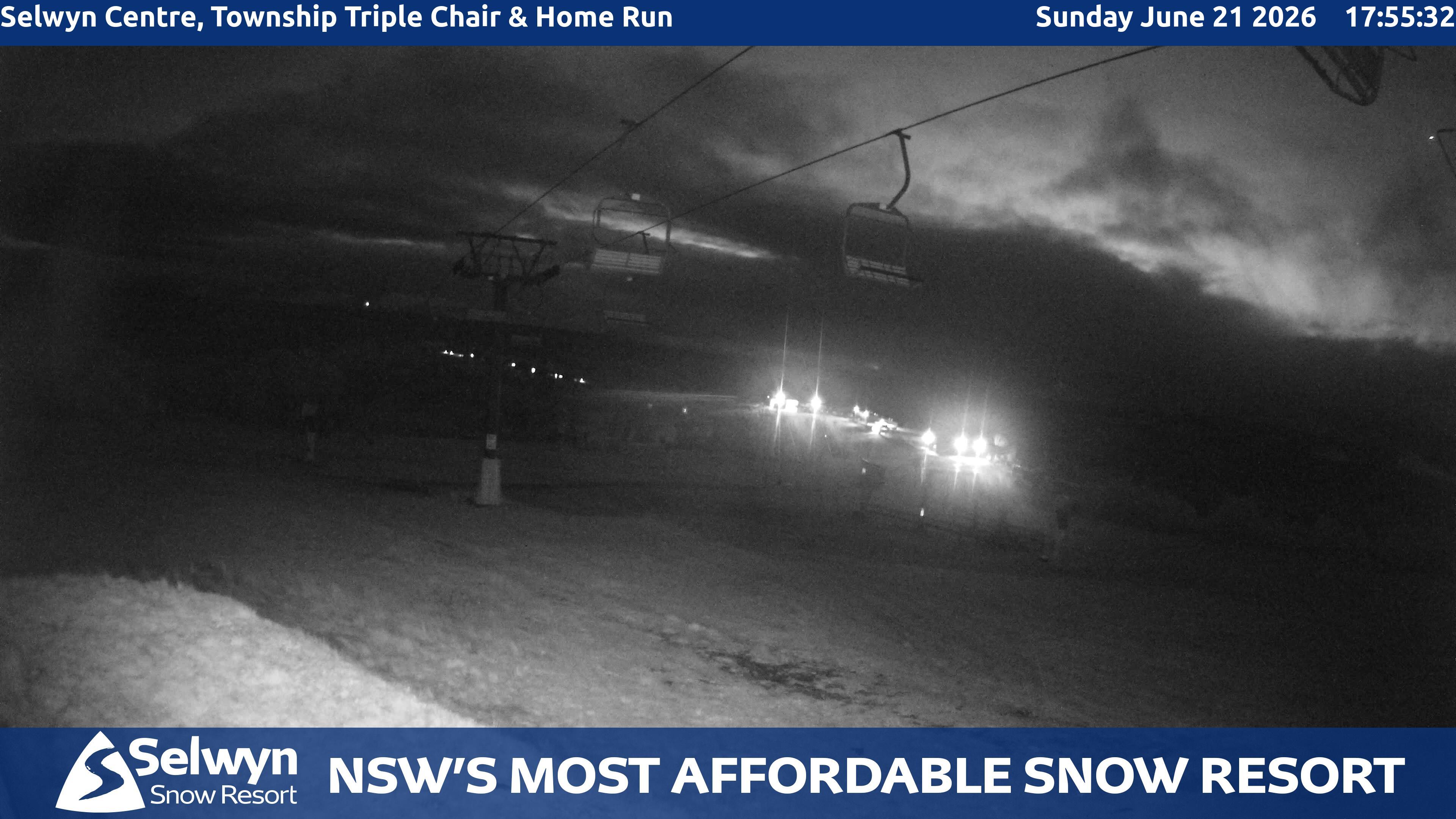 Selwyn Snow Resort Selwyn Centre, Township Triple Chair and Home Run snow cam captured at 21 June 2026 at 5:56 pm AEST