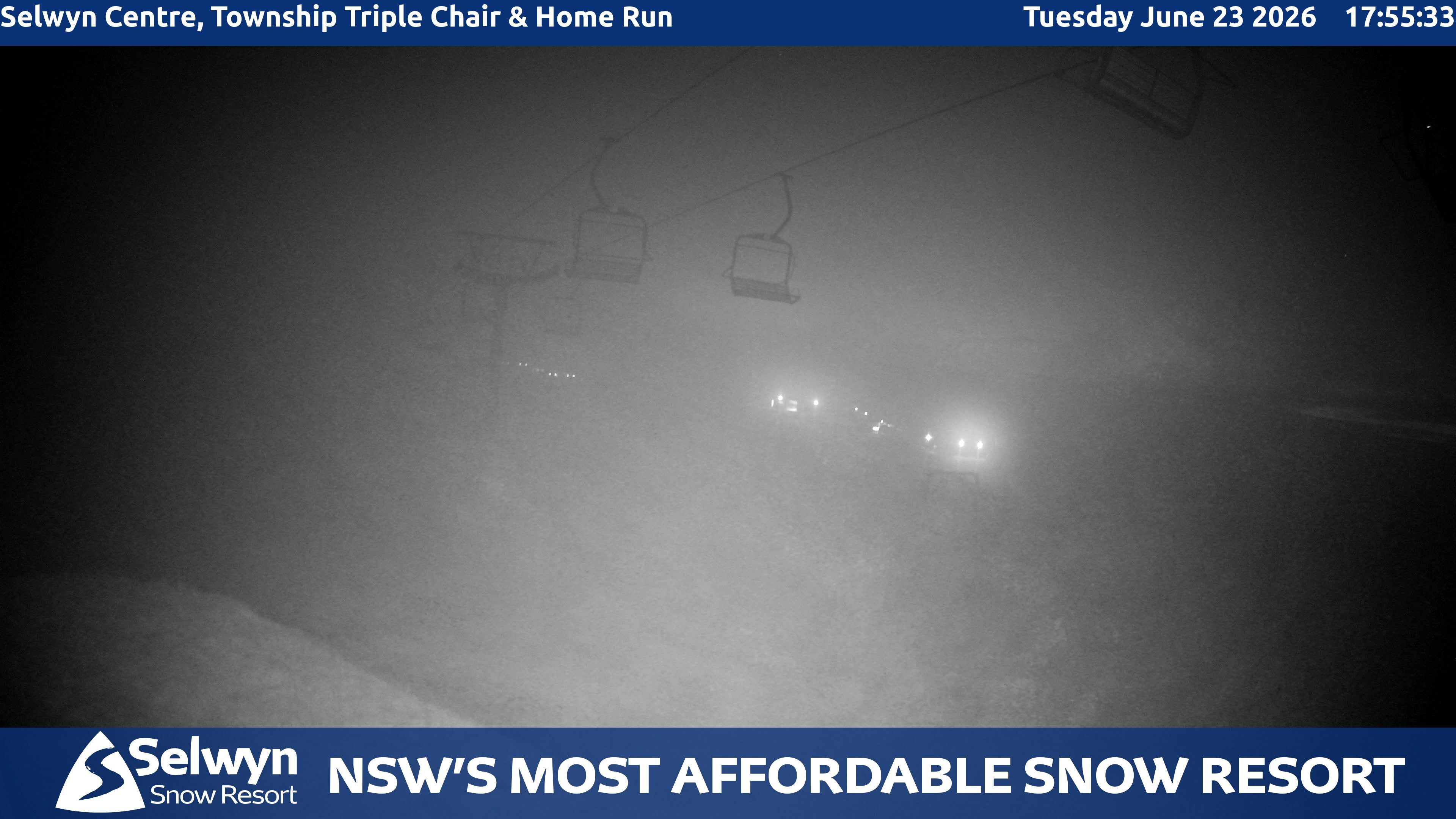 Selwyn Snow Resort Selwyn Centre, Township Triple Chair and Home Run snow cam captured at 23 June 2026 at 5:58 pm AEST