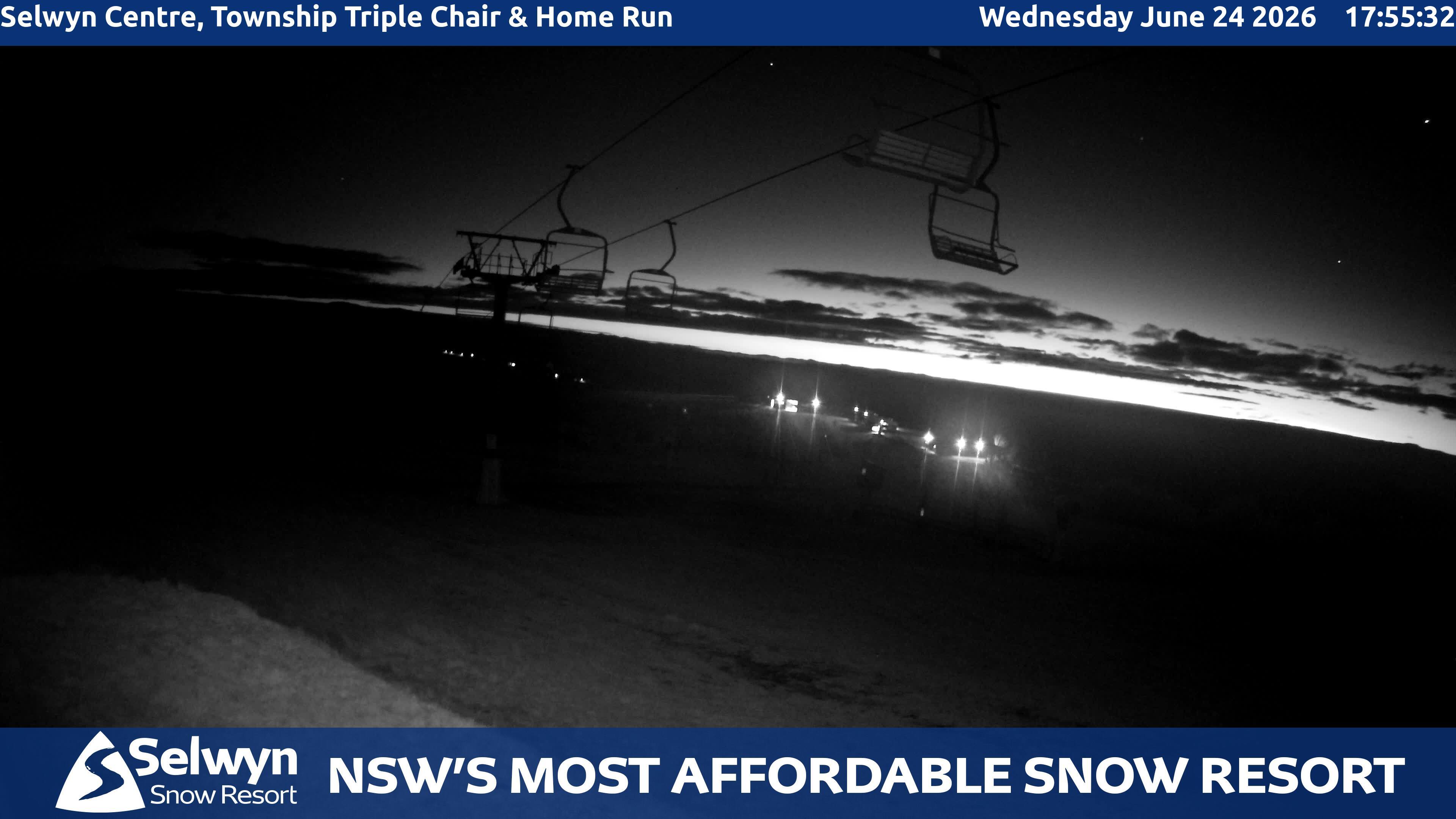 Selwyn Snow Resort Selwyn Centre, Township Triple Chair and Home Run snow cam captured at 24 June 2026 at 5:59 pm AEST