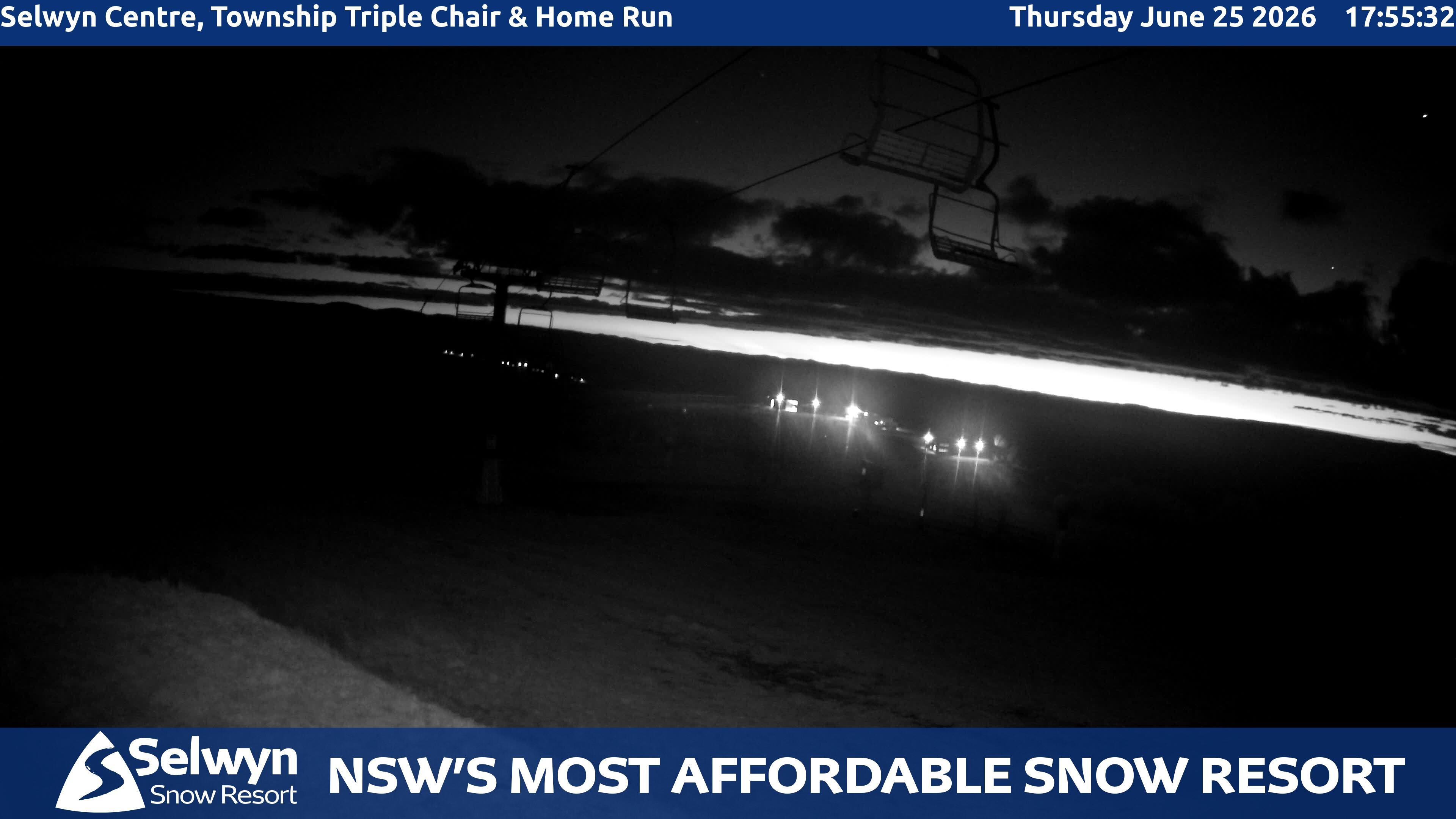 Selwyn Snow Resort Selwyn Centre, Township Triple Chair and Home Run snow cam captured at 25 June 2026 at 5:57 pm AEST