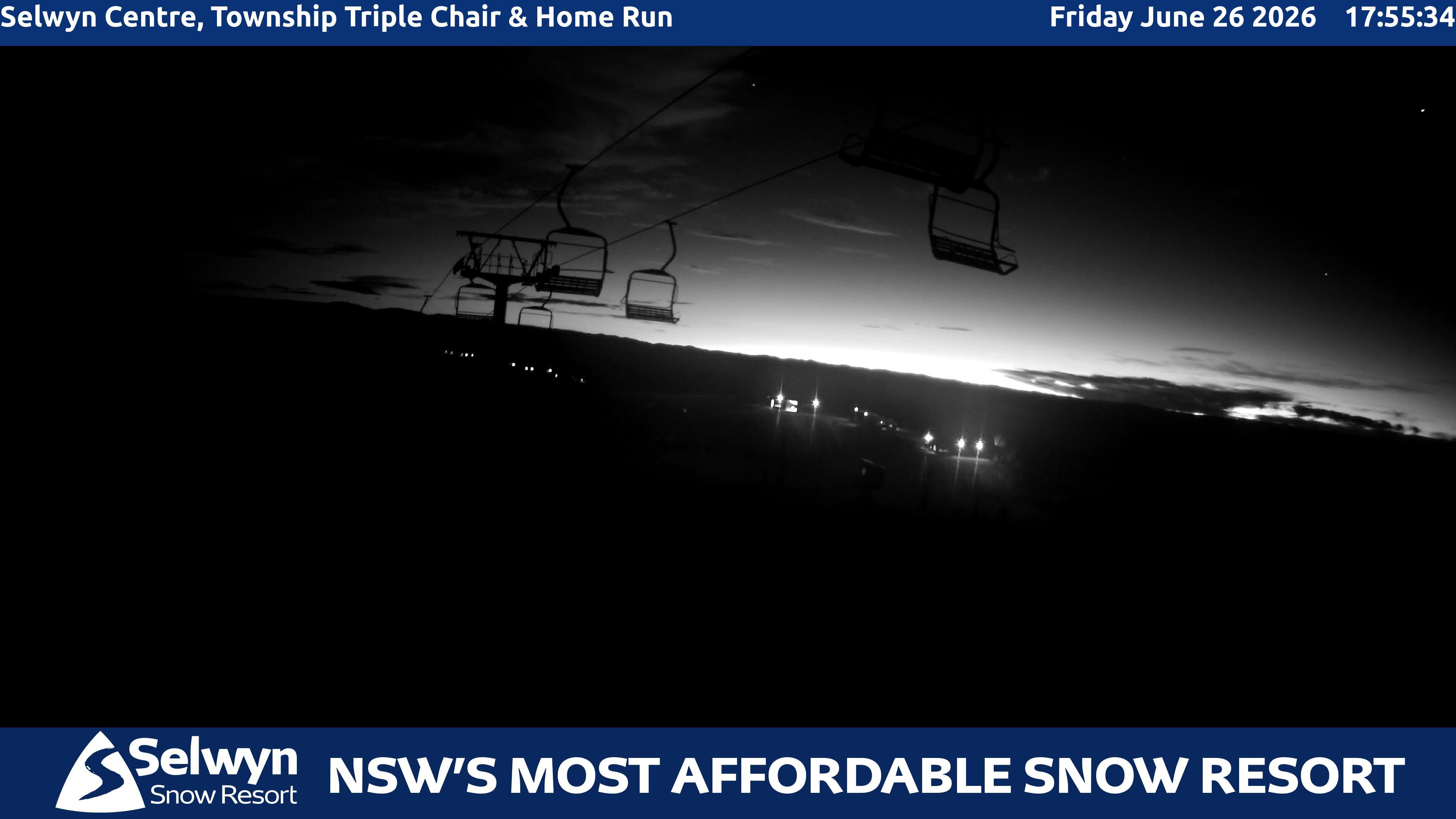 Selwyn Snow Resort Selwyn Centre, Township Triple Chair and Home Run snow cam captured at 26 June 2026 at 5:59 pm AEST
