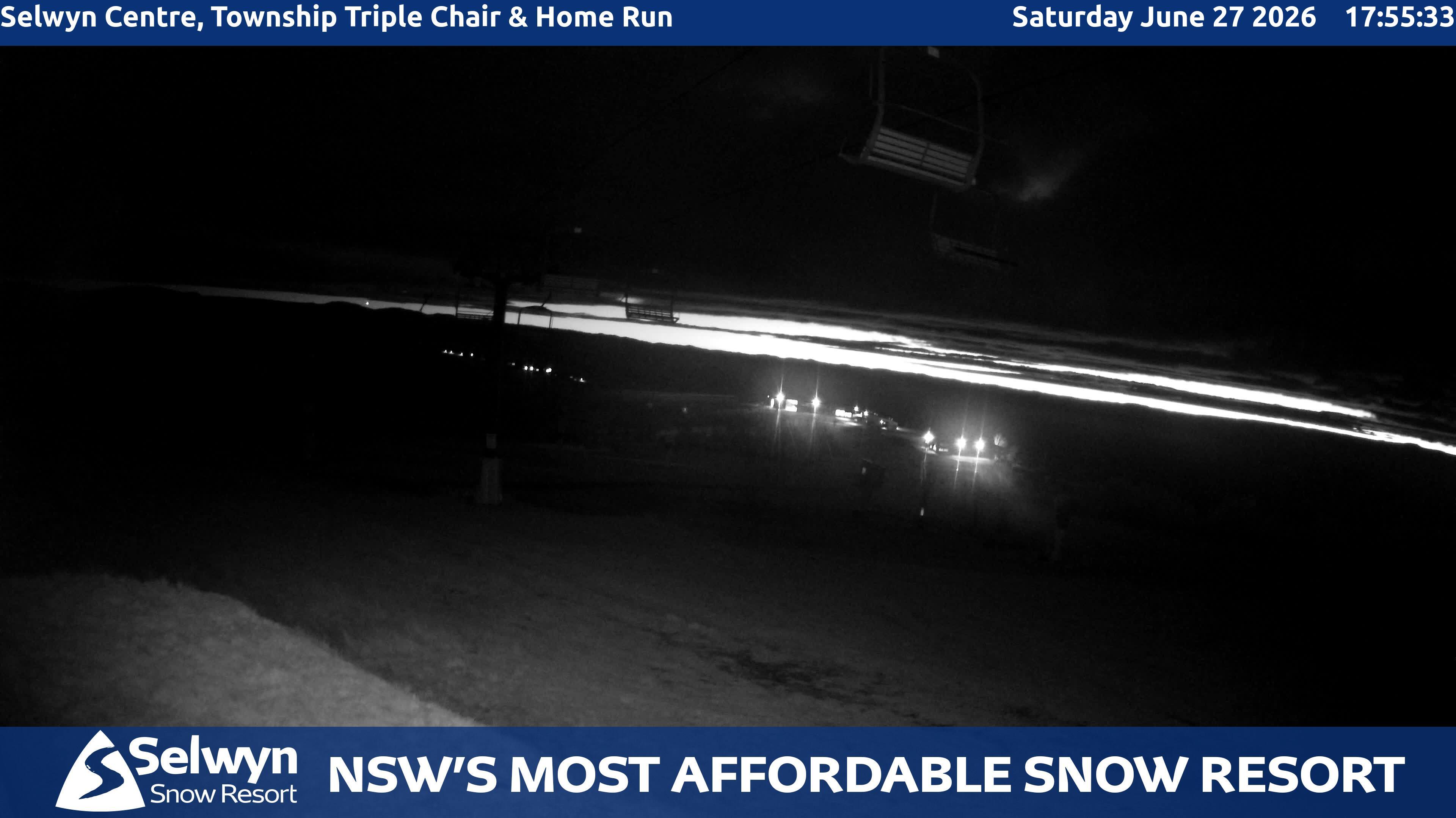 Selwyn Snow Resort Selwyn Centre, Township Triple Chair and Home Run snow cam captured at 27 June 2026 at 5:56 pm AEST