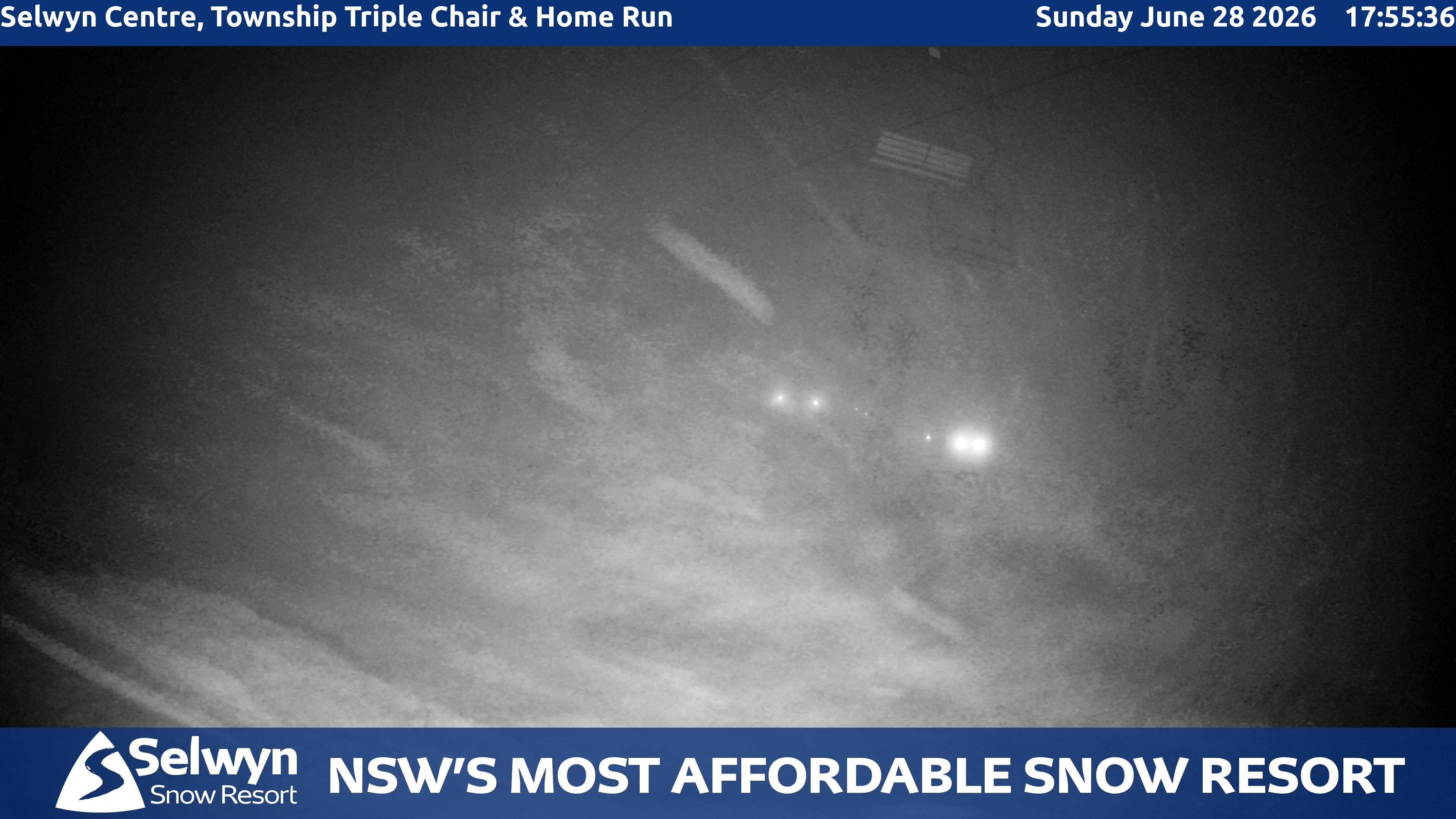 Selwyn Snow Resort Selwyn Centre, Township Triple Chair and Home Run snow cam captured at 28 June 2026 at 5:57 pm AEST