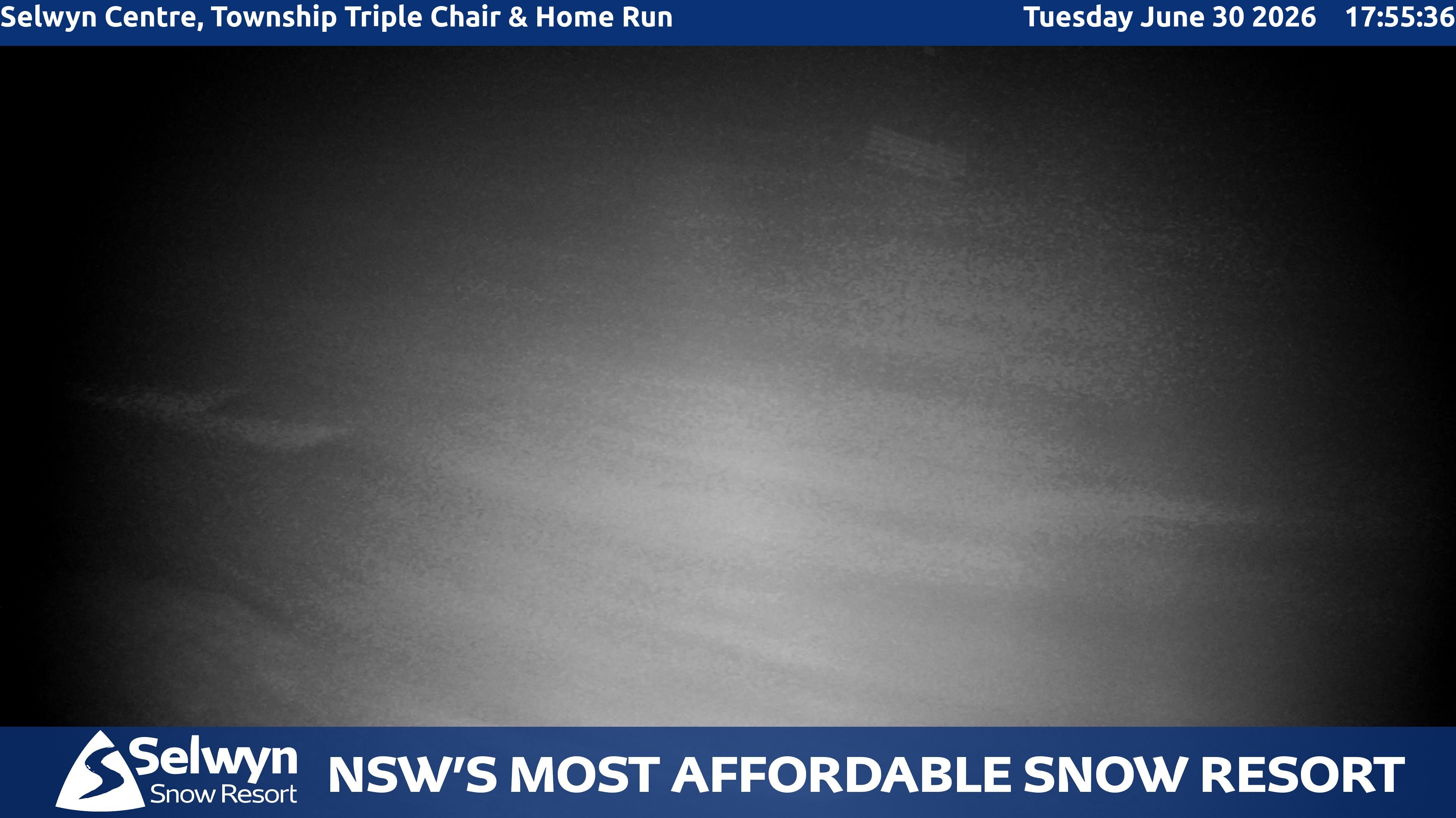 Selwyn Snow Resort Selwyn Centre, Township Triple Chair and Home Run snow cam captured at 30 June 2026 at 5:56 pm AEST