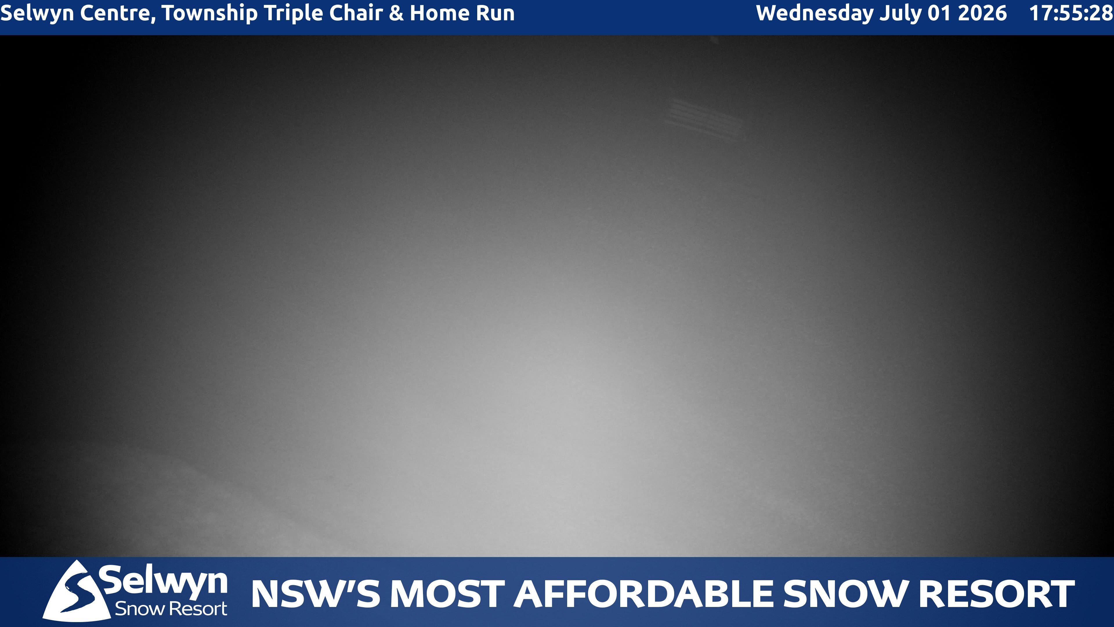 Selwyn Snow Resort Selwyn Centre, Township Triple Chair and Home Run snow cam captured at 1 July 2026 at 5:58 pm AEST