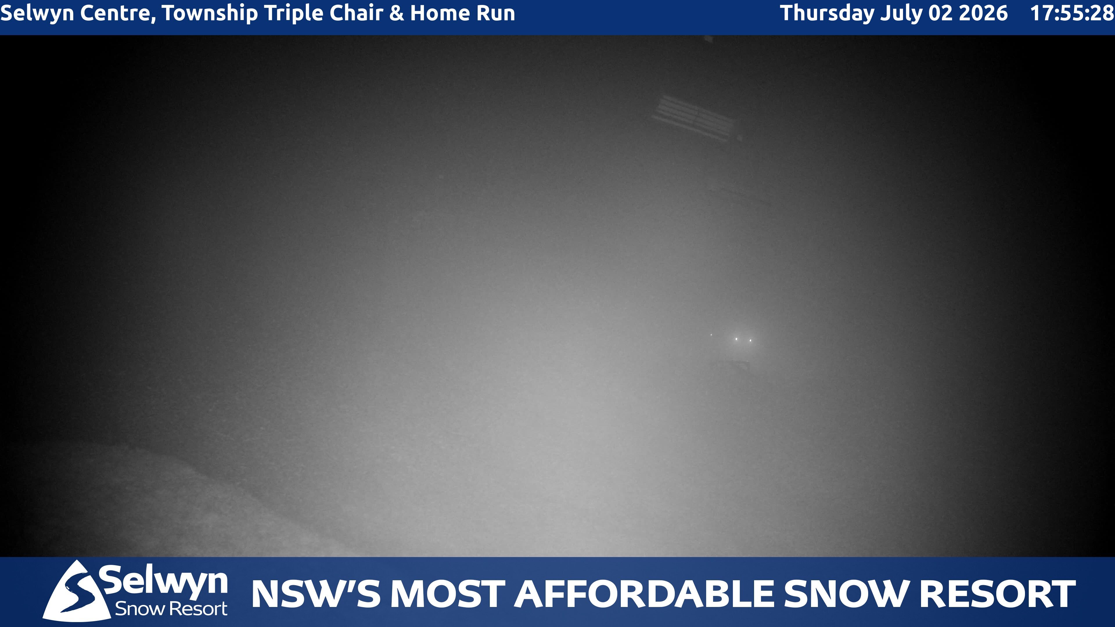 Selwyn Snow Resort Selwyn Centre, Township Triple Chair and Home Run snow cam captured at 2 July 2026 at 6:02 pm AEST