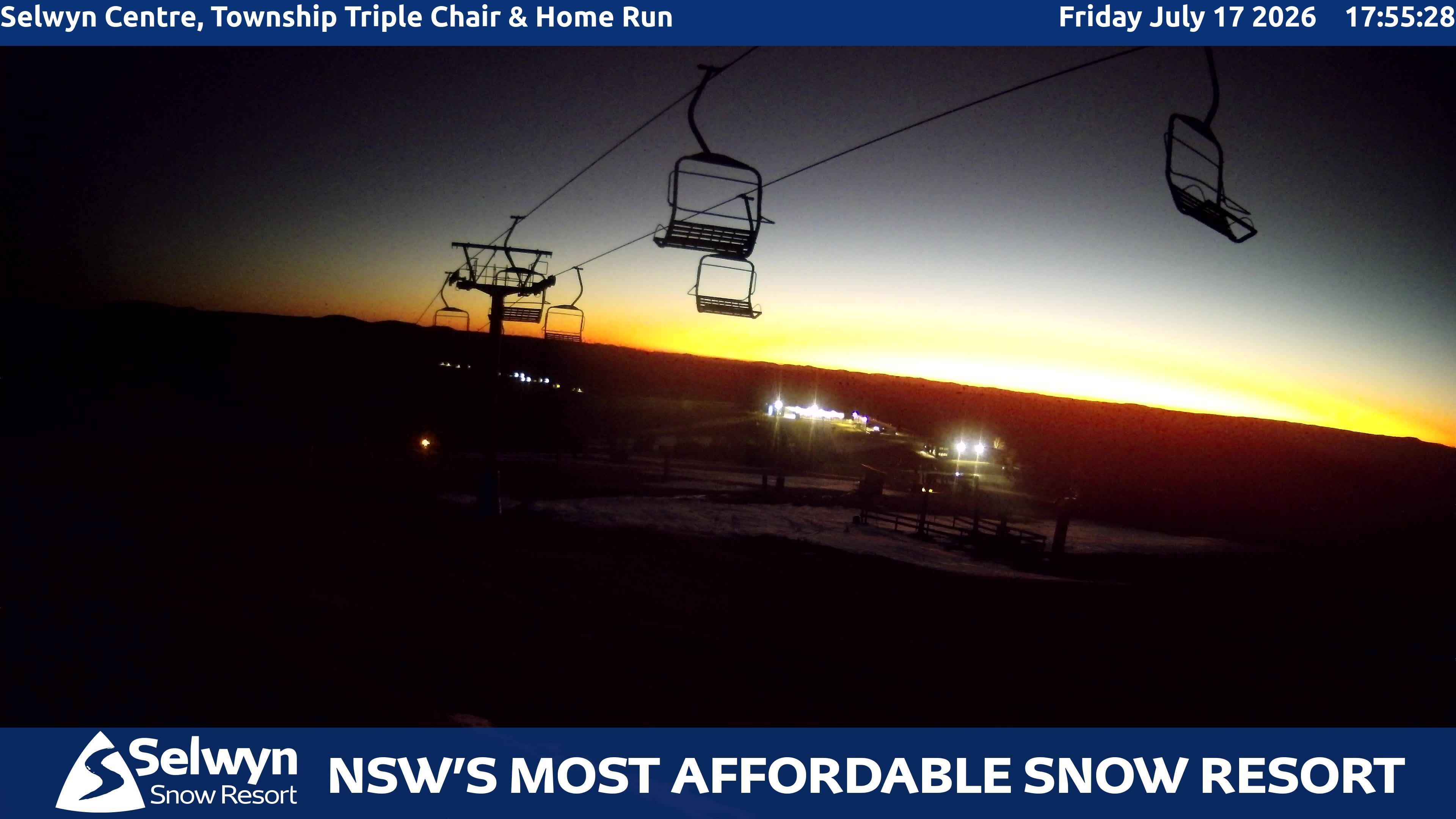 Selwyn Snow Resort Selwyn Centre, Township Triple Chair and Home Run snow cam captured at 17 July 2026 at 6:04 pm AEST