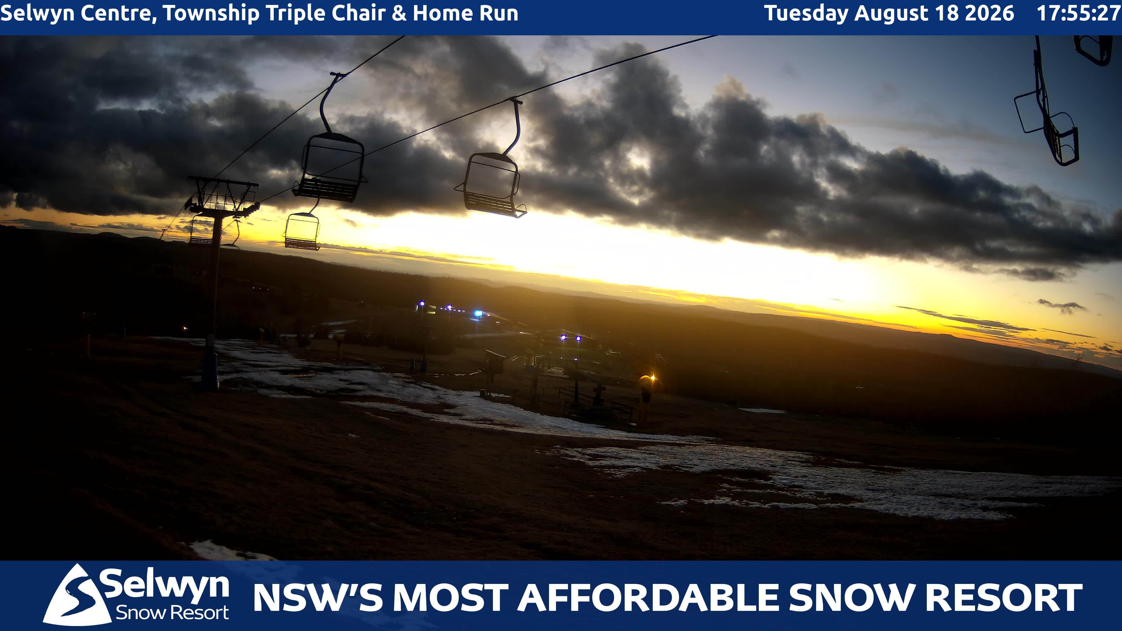 Selwyn Snow Resort Selwyn Centre, Township Triple Chair and Home Run snow cam captured at 18 August 2026 at 5:59 pm AEST