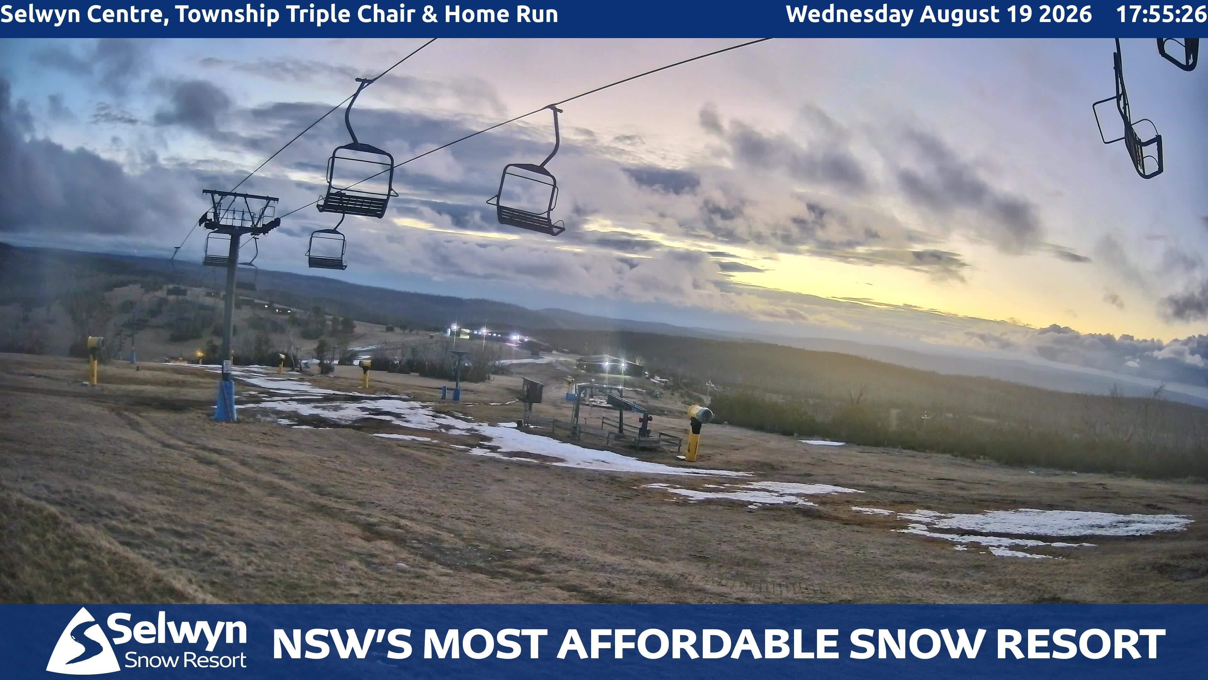 Selwyn Snow Resort Selwyn Centre, Township Triple Chair and Home Run snow cam captured at 19 August 2026 at 5:55 pm AEST